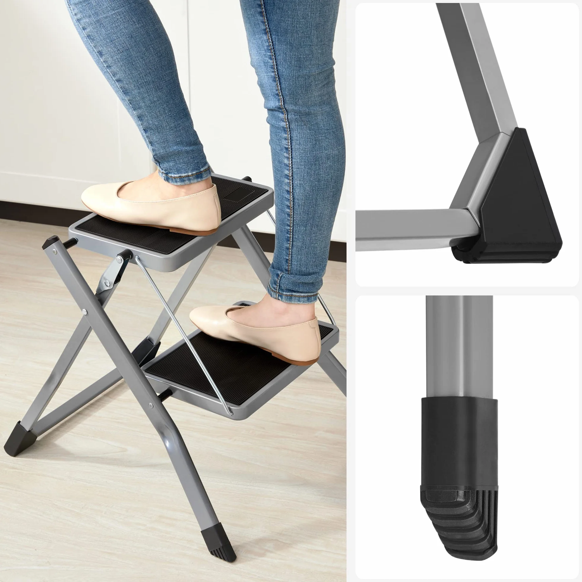 SONGMICS Escabeau à 2 Marches, Marche-Pieds Pliable, Largeur de Marche 20 cm, Caoutchouc Antidérapant, avec Poignée, Charge 150 kg, en Acier, Gris et Noir GSL002GY01