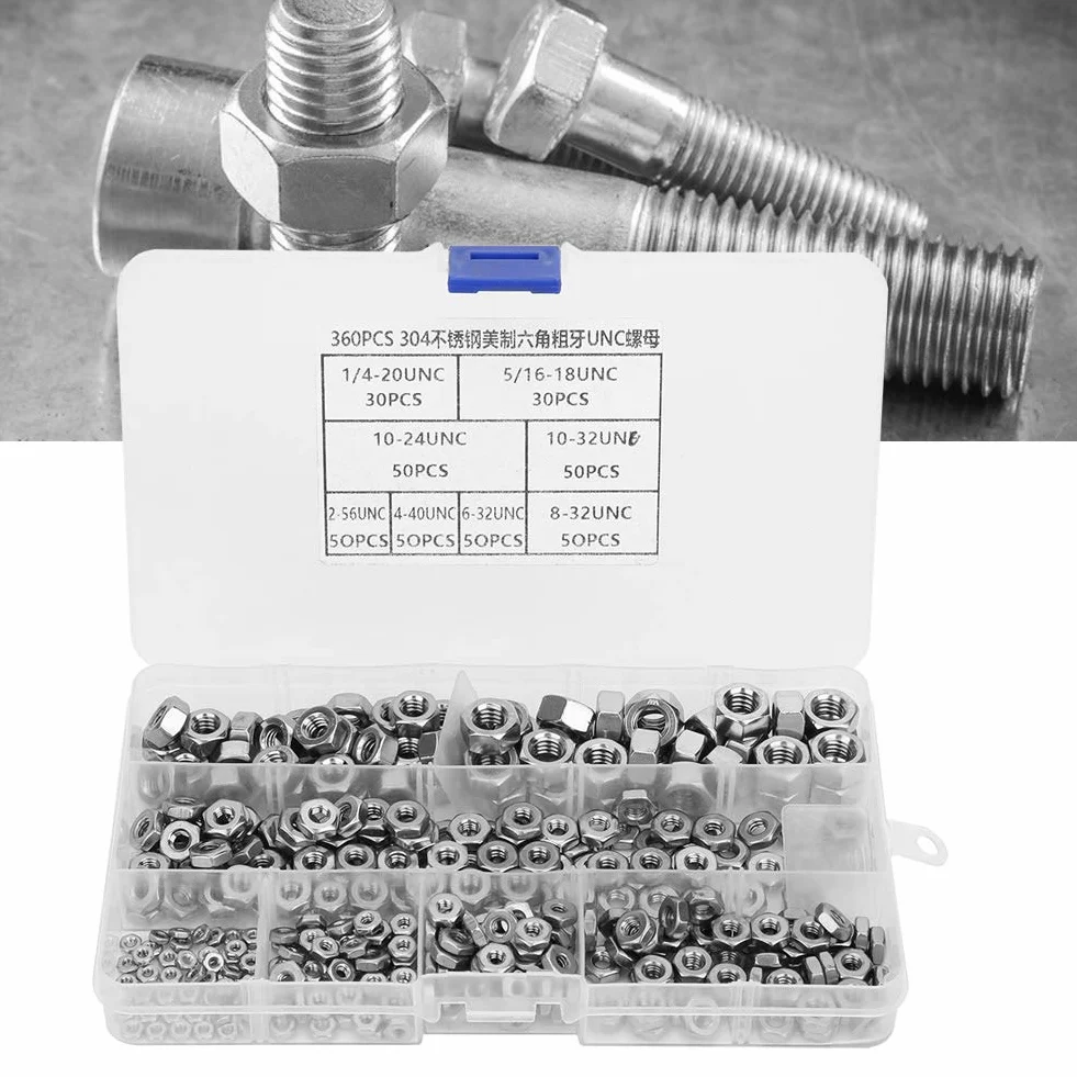 Écrous hexagonaux en acier inoxydable, filetage grossier, système américain UNC, 360 pièces, écrous de roue ensemble, Fermetures