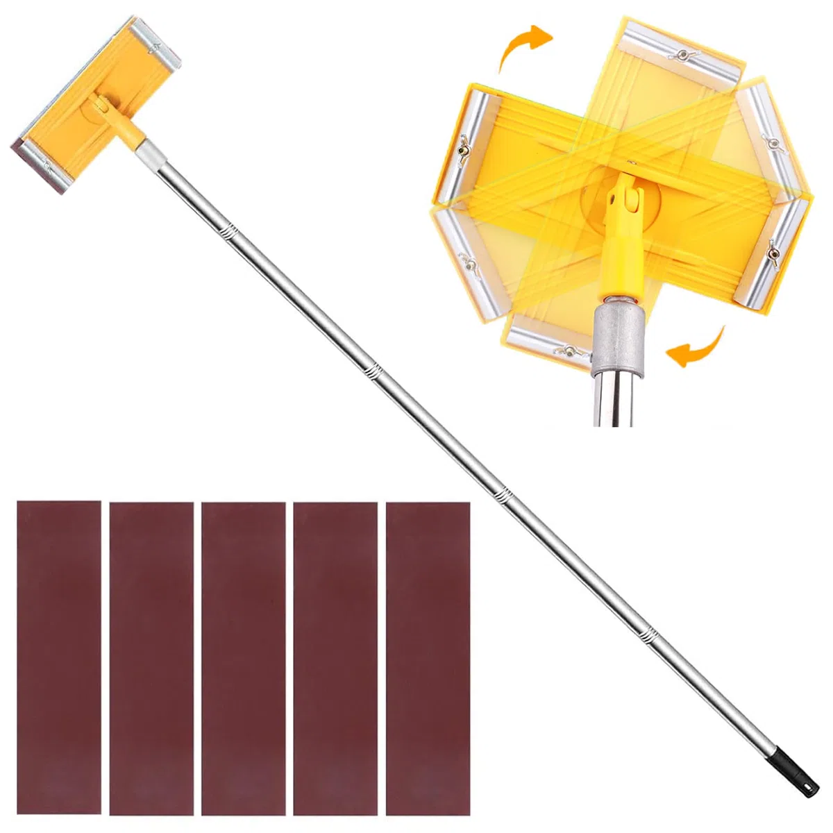 Ponceuse à perche pour cloison sèche, ponceuse murale sèche de 190 cm avec tige d'extension et 5 pièces de papier abrasif à 360 degrés pour sols, murs, plafonds