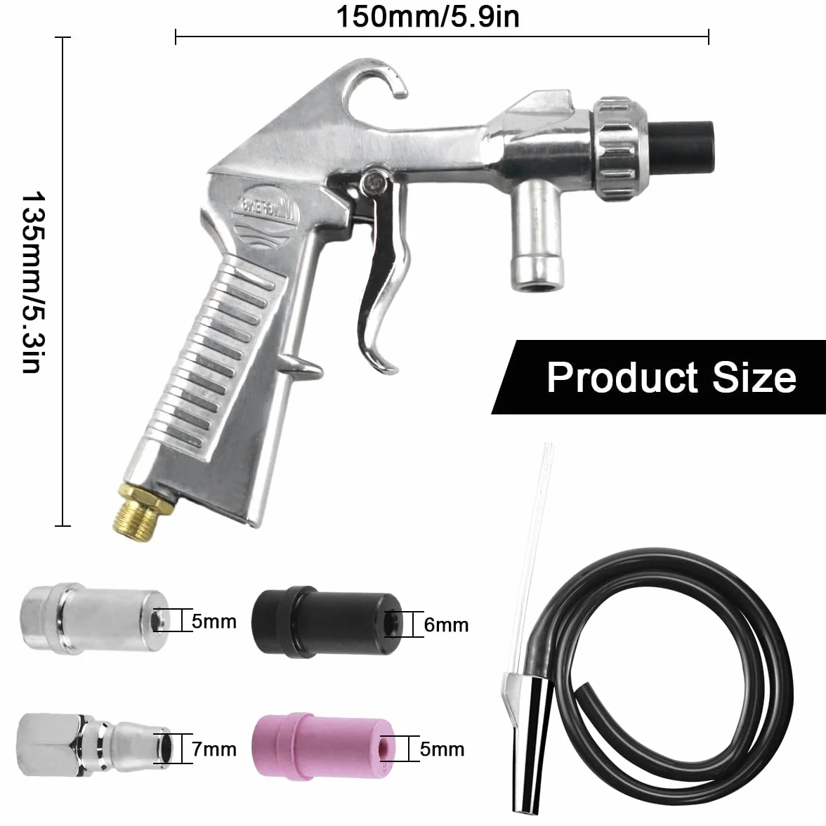 Pistolet Sablage Air Comprimé, Pistolet de Sablage en Aluminium, Kit Sablage avec 4 buses et Tuyau d'Alimentation de 1 M, Raccord d'Air, pour Graver Le Métal, Le Verre et d'autres Surfaces
