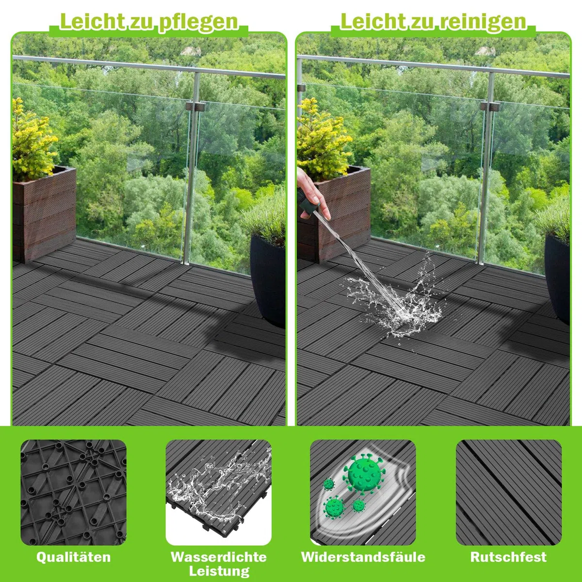 Dalles en bois composite 30x30 cm, 33 pièces de dalles à clipser pour balcon pour 3 m², dalles en bois composite pour terrasse avec système de clic, revêtement de sol pour balcon résistant aux