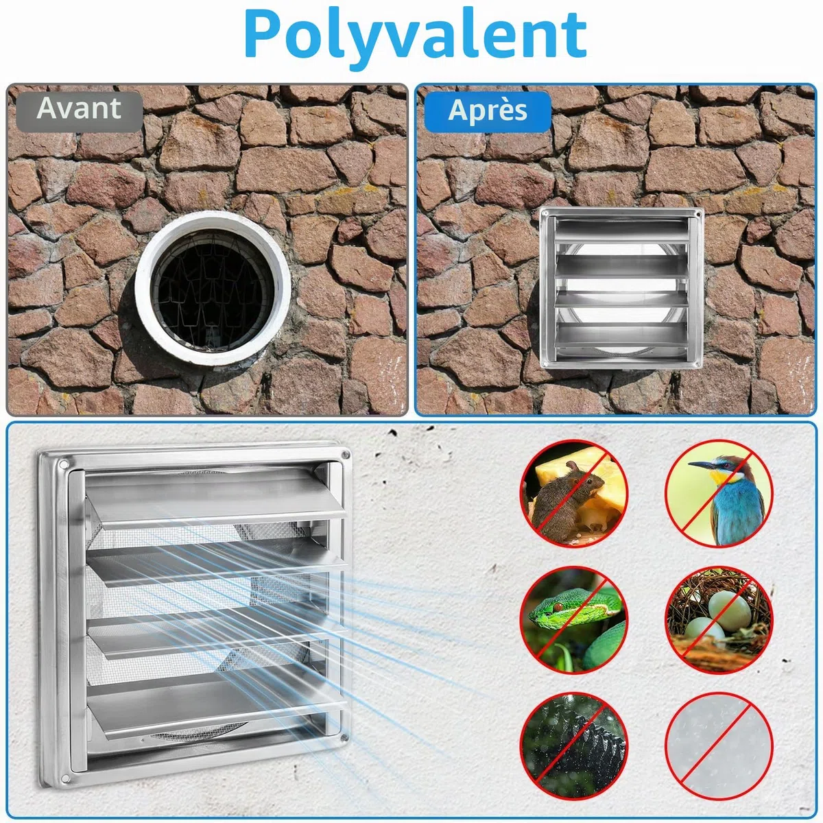 YAYODS Grille de Ventilation Extérieure 150mm en Acier Inoxydable, Grille d Aération avec Volets Mobiles et Clapet Anti-Retour, Bouche d Extraction avec Moustiquaire pour Cuisine, Hotte et Sèche-linge