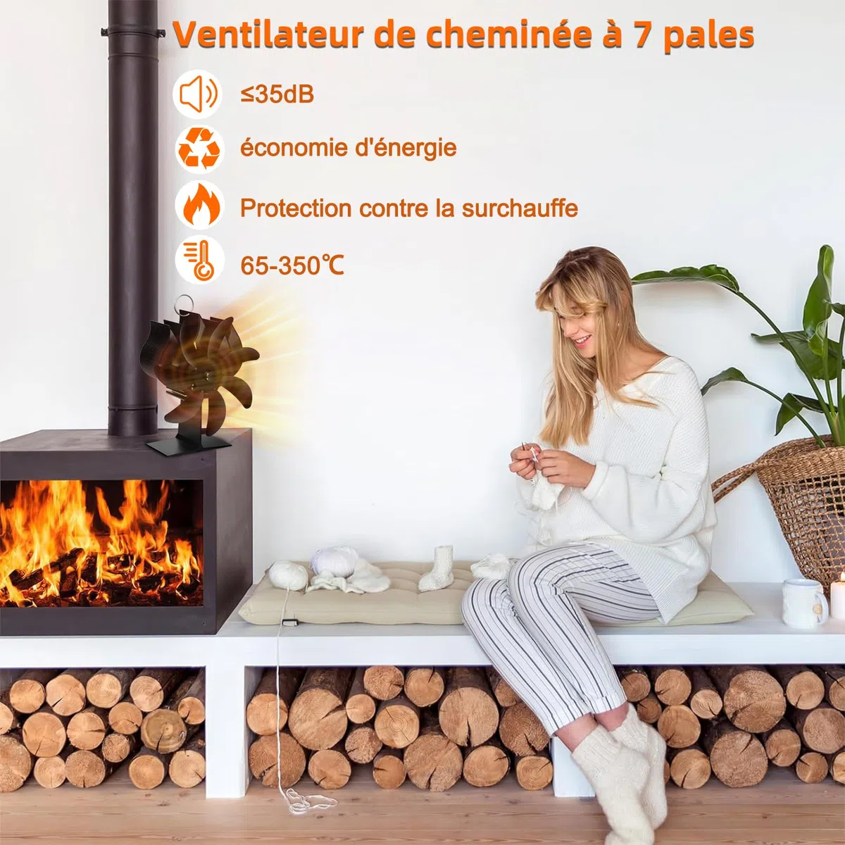 Nauotk Ventilateur Poele à Bois 7 Pages, Silencieux Ventilateur à Poêle avec Thermomètre, Écologique Alimenté Par la Chaleur, Ventilateur de Poêle pour Poele a Granulés,Foyer à Bois
