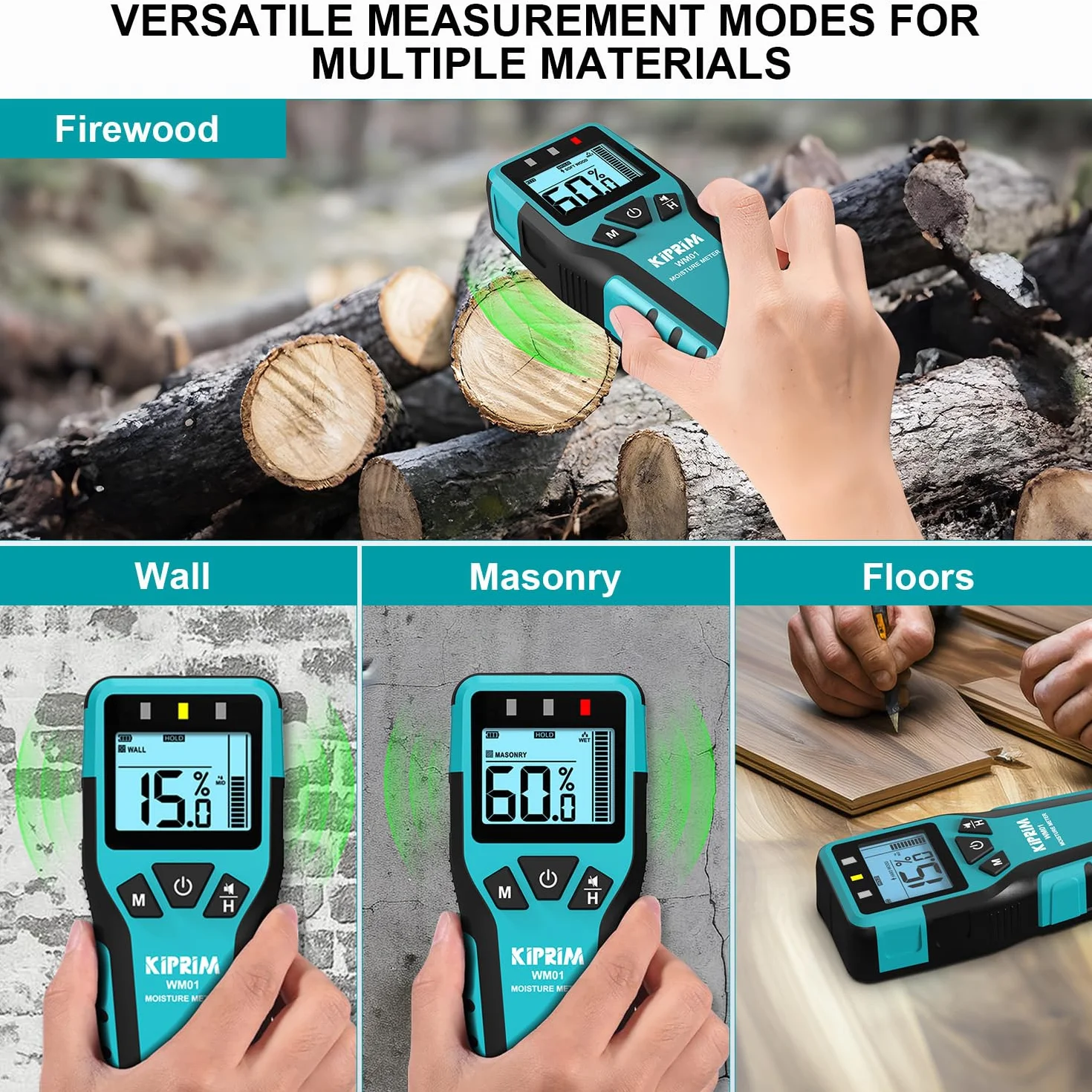 Kiprim WM01 Testeur Humidité Murs Sans Broche pour Le Bois, Les Murs, La Maçonnerie - Mesure Précise et Non Destructif avec 4 Modes, Maintien Des Données et Mode Silencieux