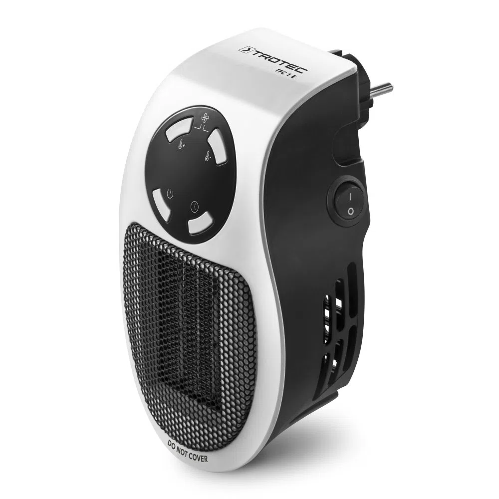 TROTEC Mini-chauffage pour prise murale TFC 1 E | Chauffage de 500 watts | 2 vitesses de ventilation | Fonction d'horloge (1−12 heures) | 10 m²/25 m³ max.
