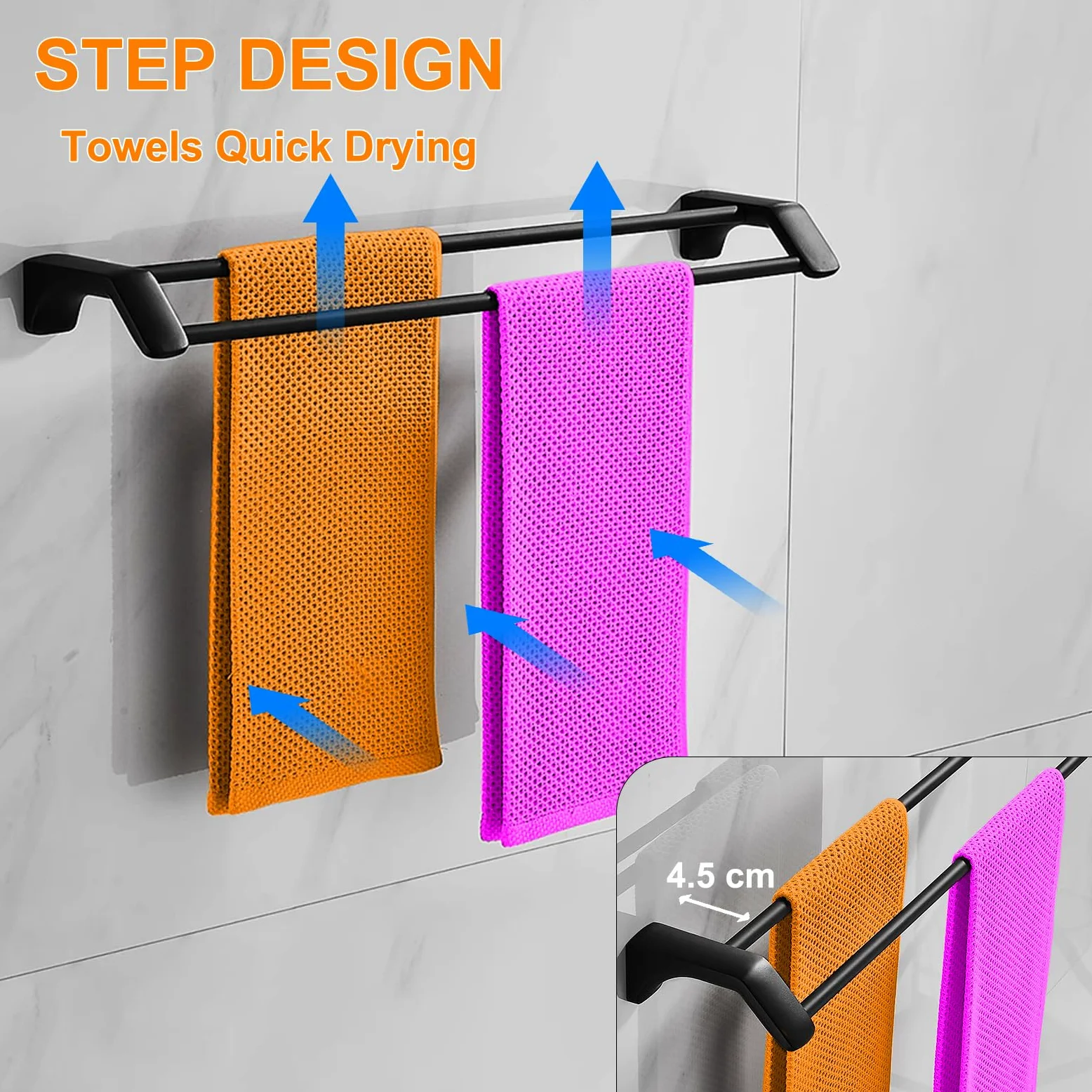 Double Barre Porte-Serviettes de Bain 60CM Porte Serviette à Deux Bras en Acier Inoxydable Porte-Serviettes Mural Range Serviettes pour Salle de Bain ou Cuisine (Noir)