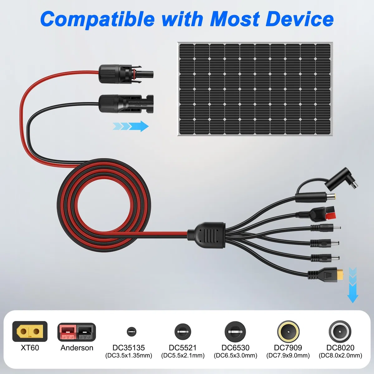 XMSJSIY Rallonge de panneau solaire 7 en 1 vers DC 8 mm XT60 DC35135 DC5521 DC6530 DC7909 DC8020 Kit adaptateur multiple pour générateur de centrales électriques de camping-car - 1,1 m