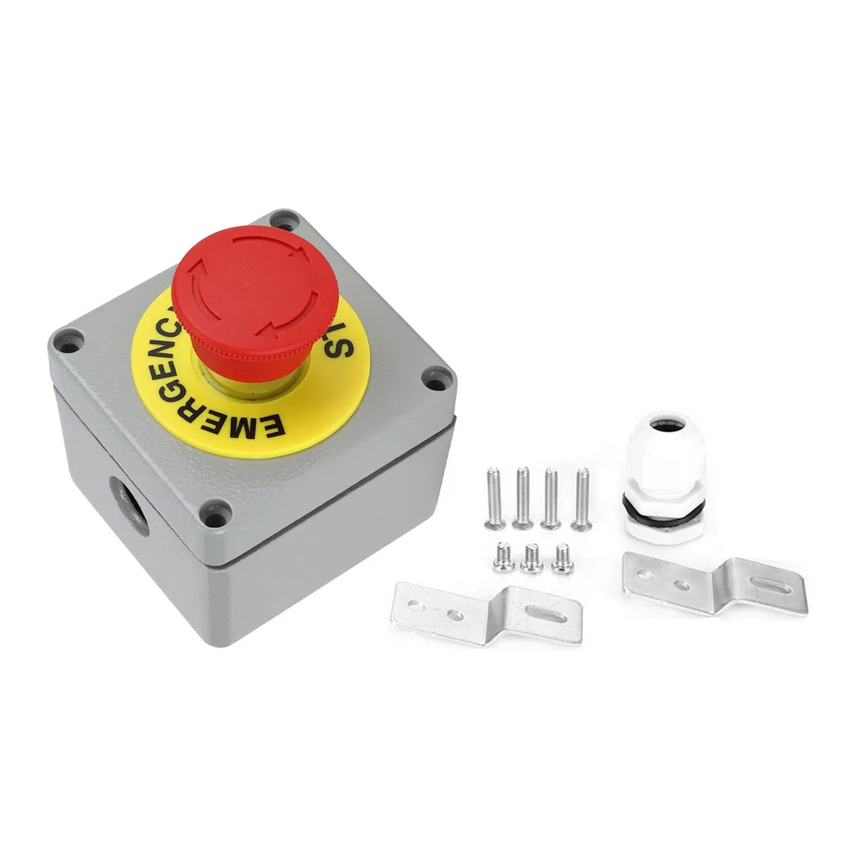 Bouton-poussoir d'arrêt d'urgence rouge scellé, boîte en aluminium 80x75x60mm anti-RFI 1NO 1NC pour machines industrielles et systèmes de sécurité professionnels