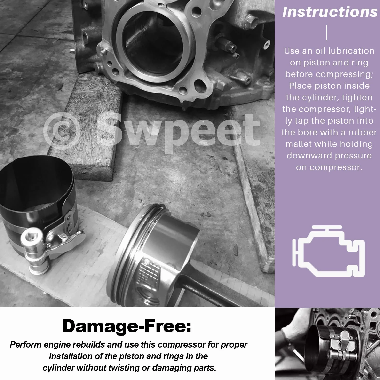 Swpeet 8pcs 3 "4" 6 "compresseur à bague de piston et outil de montage réglable outil de montage pince de démontage avec clé et palpeur en acier inoxydable kit de combinaison de moteur de voiture