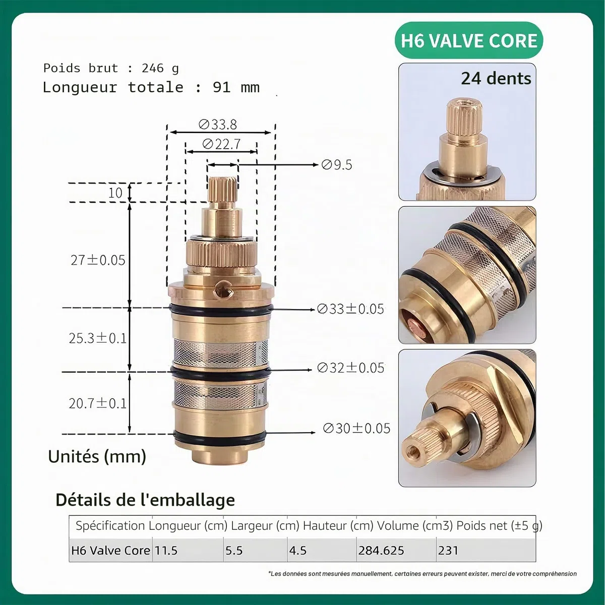 Cartouche thermostatique de rechange en laiton, kit de réparation pour mitigeur de douche, pour régler la température de l'eau dans la salle de bain