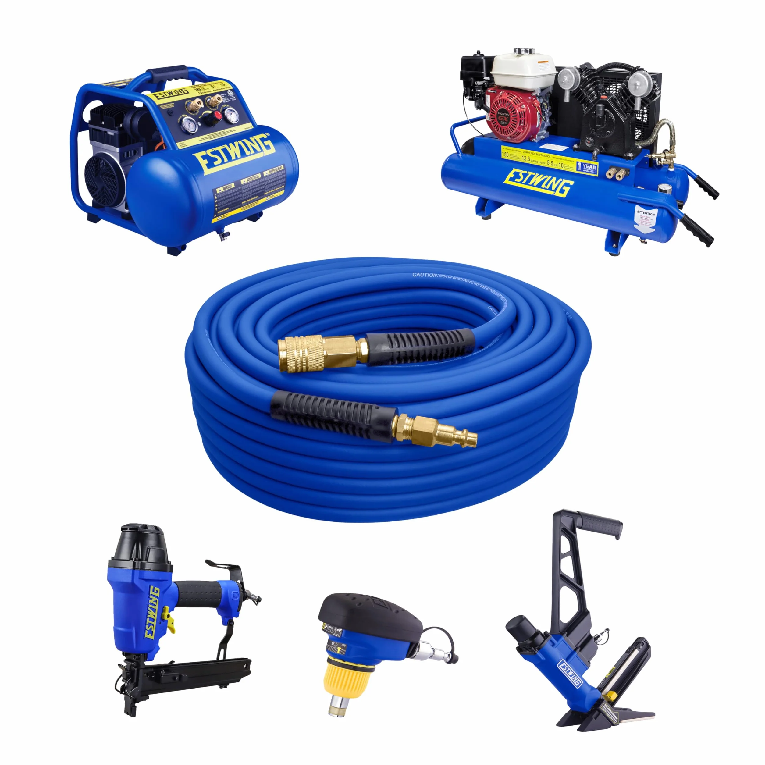 Estwing E1450PVCR Tuyau d'air hybride en PVC/caoutchouc de 15,2 m avec raccord industriel NPT en laiton et coupleur universel à connexion rapide, bleu et jaune, 0,6 cm x 15,2 m