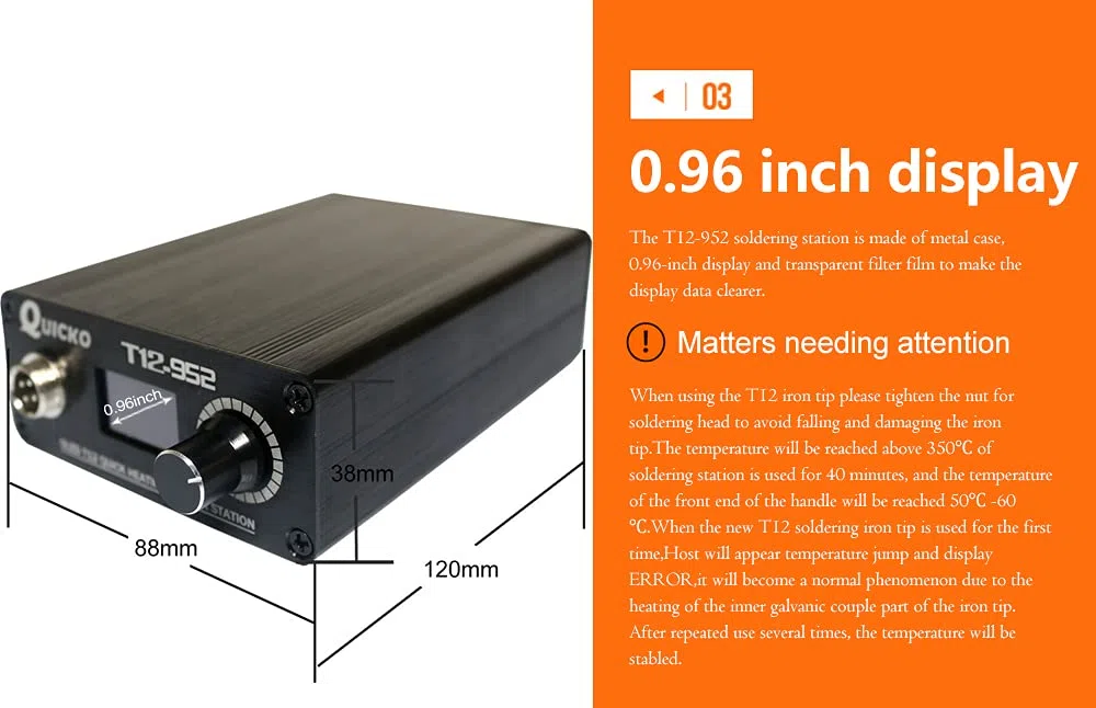 QUICKO Station de fer à souder T12 avec écran OLED - Contrôleur de température - Poignée électronique - Boîtier en alliage d'aluminium - Équipement d'alimentation 110 V T12-ILS JL02 KU BL BC1 Sting