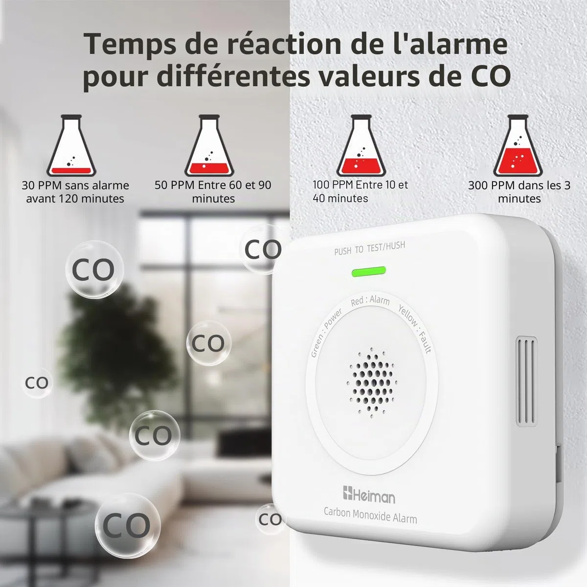 HEIMAN Interconnecté Détecteur de monoxyde de Carbone sans Fil - Alarme CO - 10 Ans - Piles remplaçables - 85 DB - pour la Maison - Portable - Fonctionne avec Piles (1)