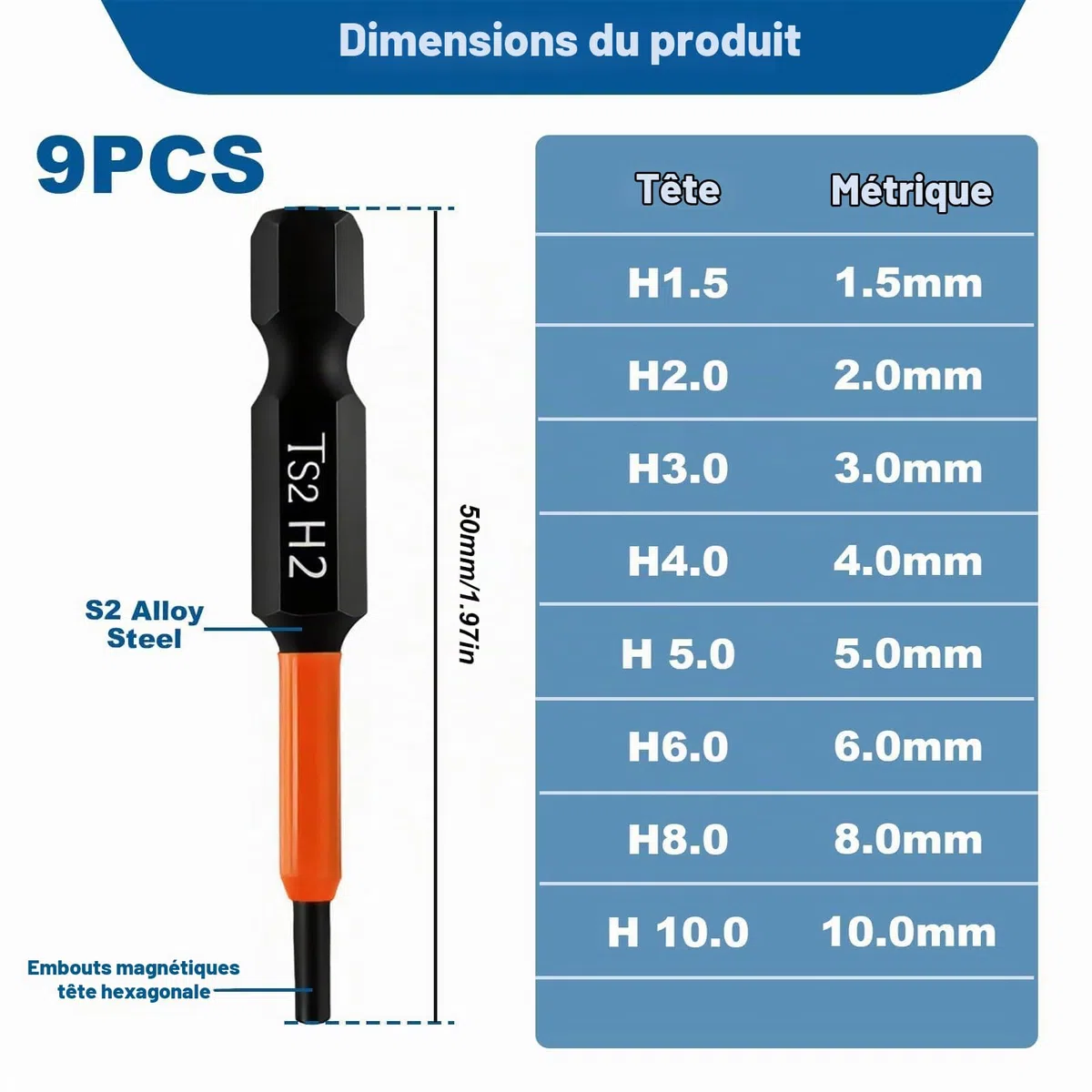 Embout Visseuse Hexagonale Longueur 50mm, Jeu de 9 Embout Allen Magnétiques H1.5-H10 1/4" en Acier S2 Hex Tige Tournevis Allen à Aimanté Choc pour Visseuse Électrique Perceuse Sans Fil et Tournevis
