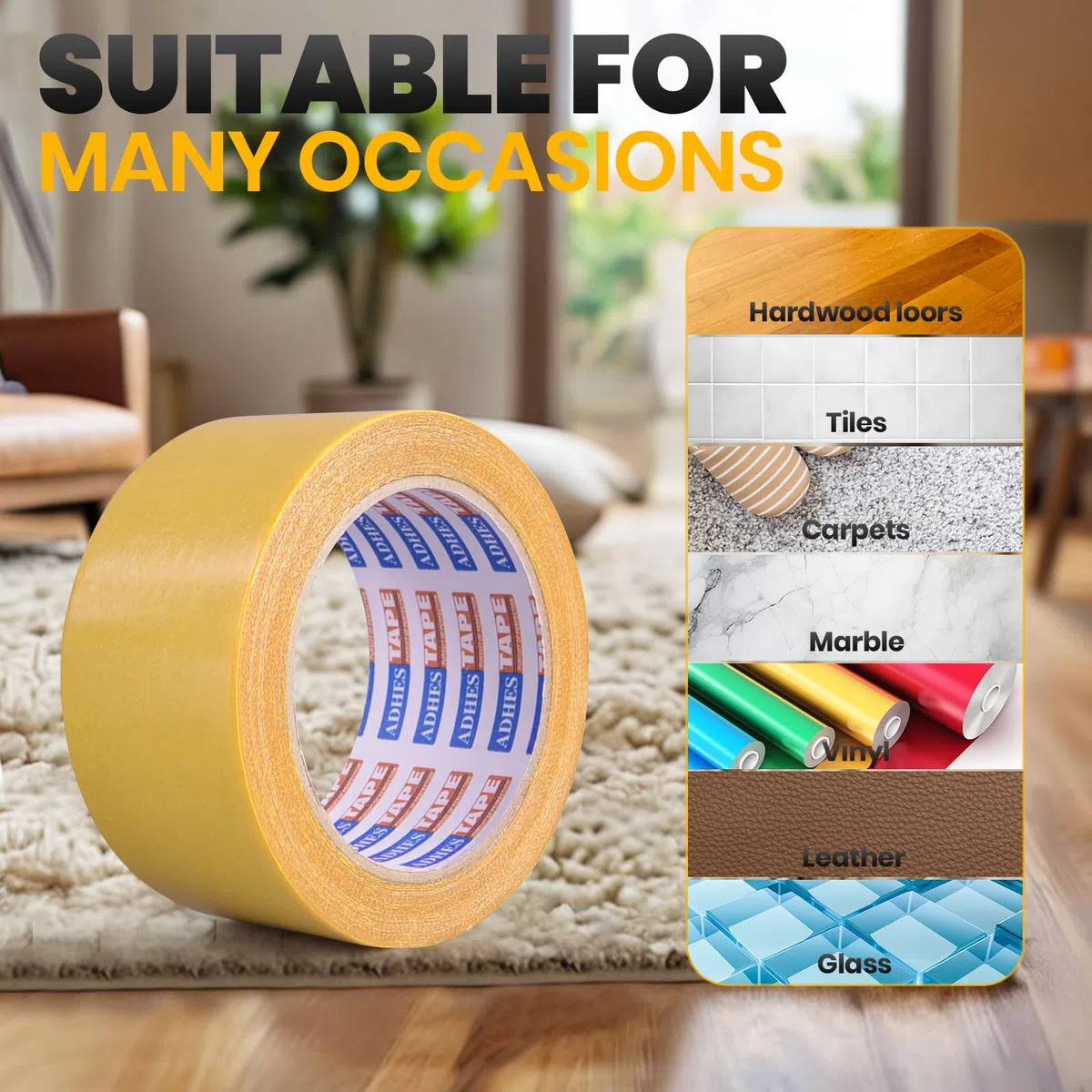 ADHES TAPE PURSUIT OF PERFECTION Adhésif pour tapis Ruban double face moquette et autres fixations,5cm x 9m, jaune/Lot de 4