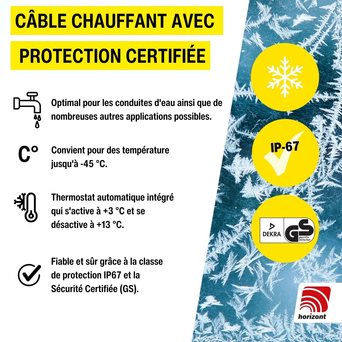 horizont Câble chauffant antigel avec thermostat de 2 m, idéal pour conduite d'eau ou comme chauffage des plantes, chauffage de gouttière étanche, chauffage de gouttière, chauffage auxiliaire de tuyau