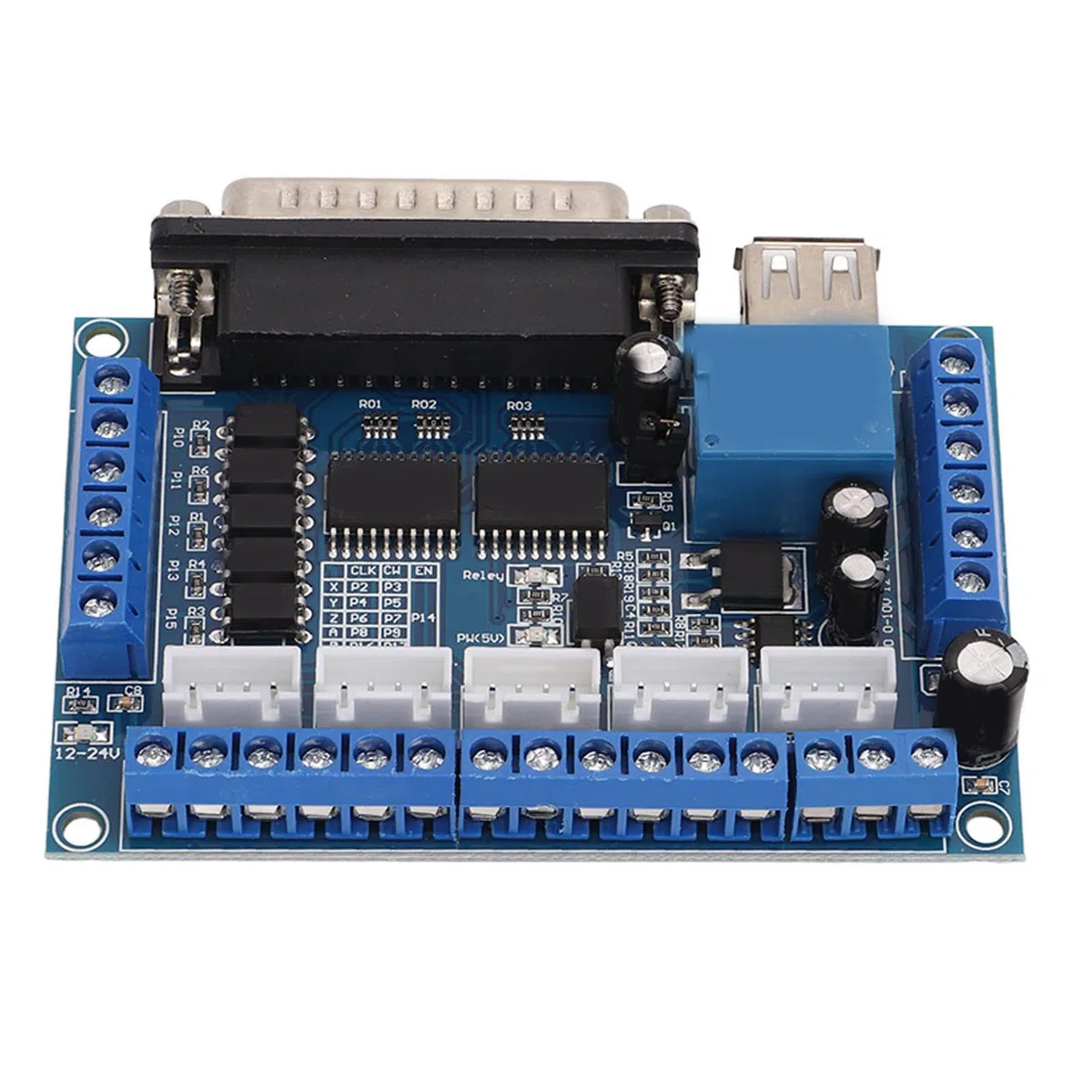 DC 12-24V CNC Breakout Board 5 Axes Mach3 Carte d'interface avec carte d'isolement optocoupleur, câble de port USB DB25 Câble pour pilote de moteur pas à pas MACH3(Bleu)