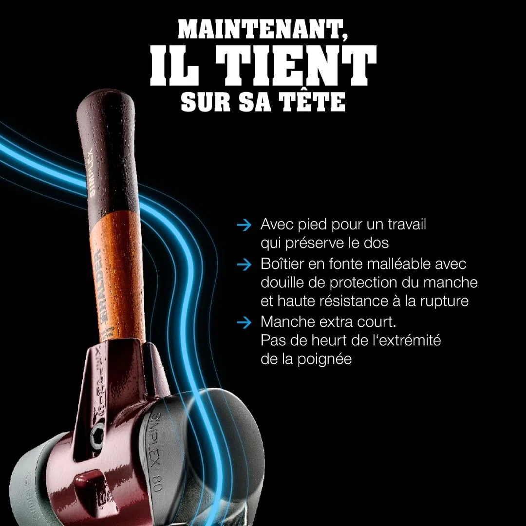 Maillet SIMPLEX, Caoutchouc chargé, avec pied/TPE moyen ; avec boîtier en fonte malléable et manche en bois extra court de qualité | D=80 mm/Modèle de manche=extra court | 3023.282