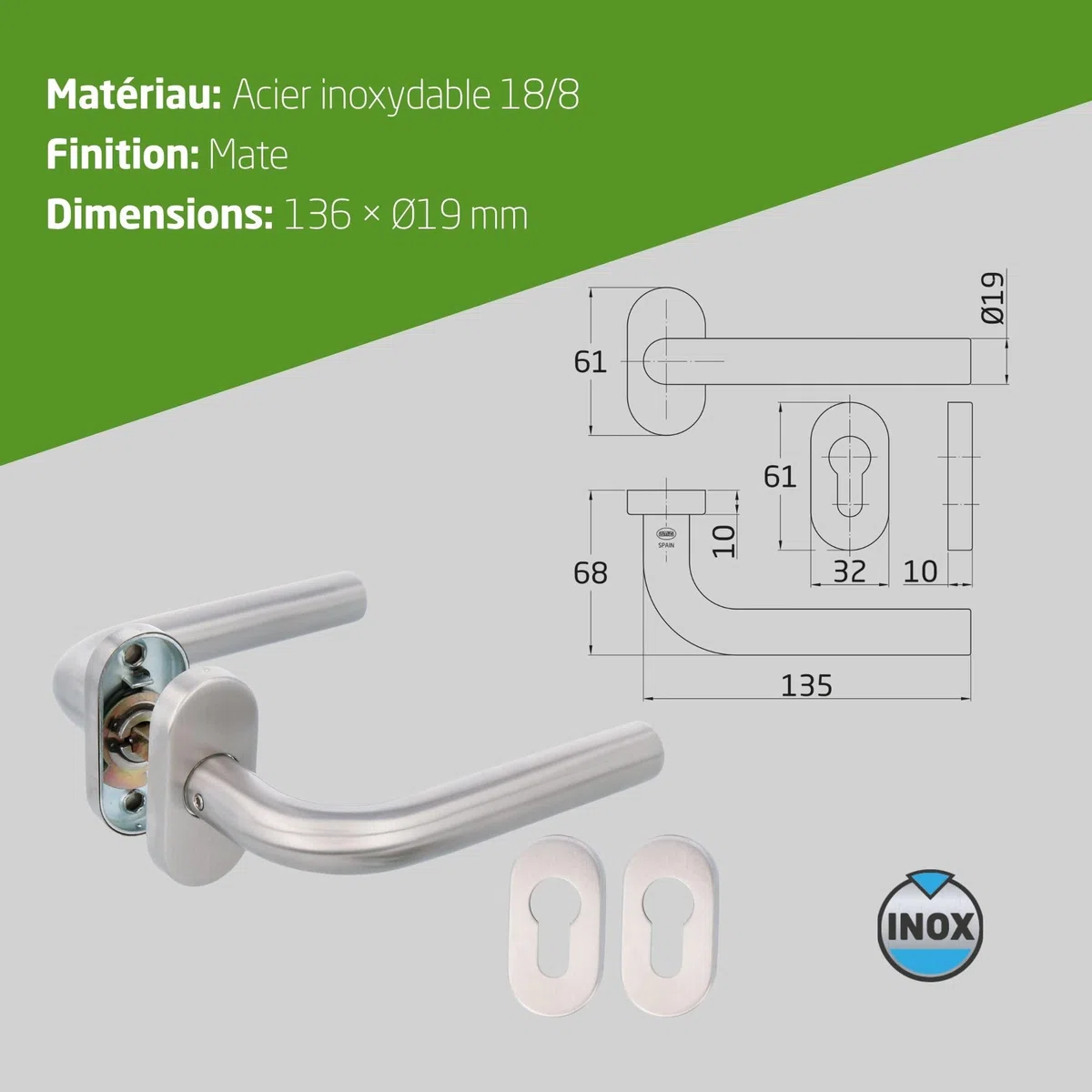 Amig - Juego de manillas para puerta Mod. 4O con placa oval - Para marco estrecho - Manilla en acero inoxidable 18/8 y roseta en acero niquelado - 136 x Ø19 mm - Acabado mate - Mod. 9954