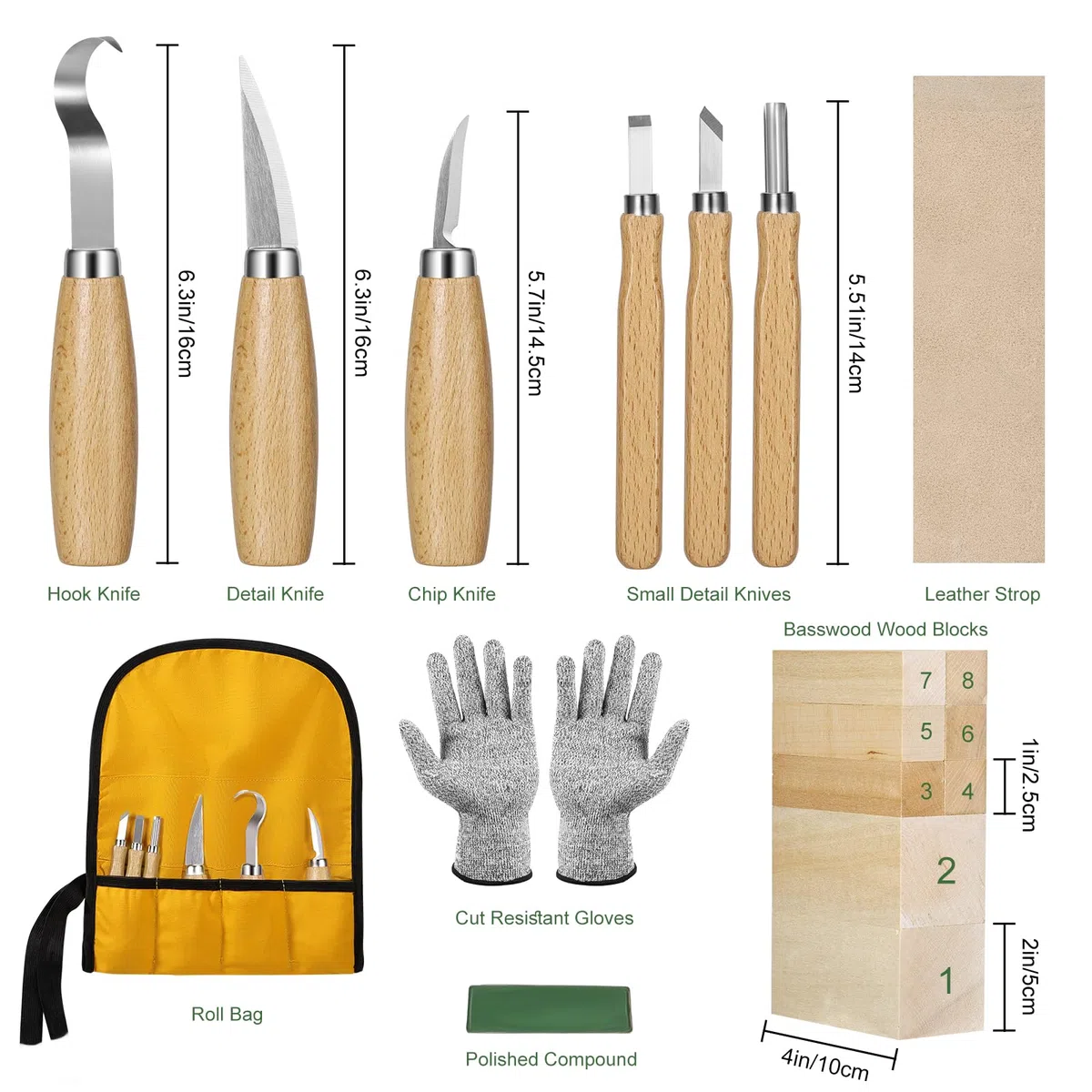 Kit d'outils de sculpture sur bois 18 en 1 pour adultes, enfants, débutants, 8 blocs de sculpture en bois de tilleul, kit de sculpture sur bois avec 6 couteaux de sculpture pour bois, taille-crayon