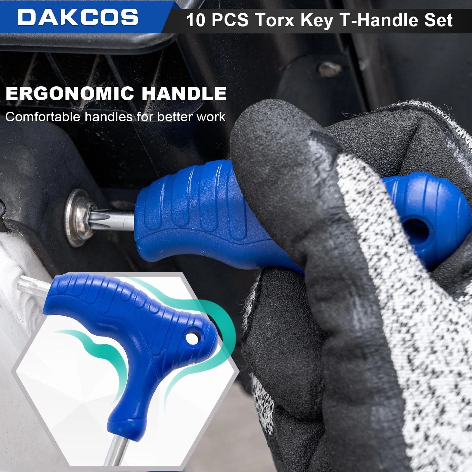 DAKCOS 10 pcs Jeu de clés Allen Torx avec poignée en T Clés mâles Torx avec trou frontal pour Vis TORX femelles T9-T50, Cr-V