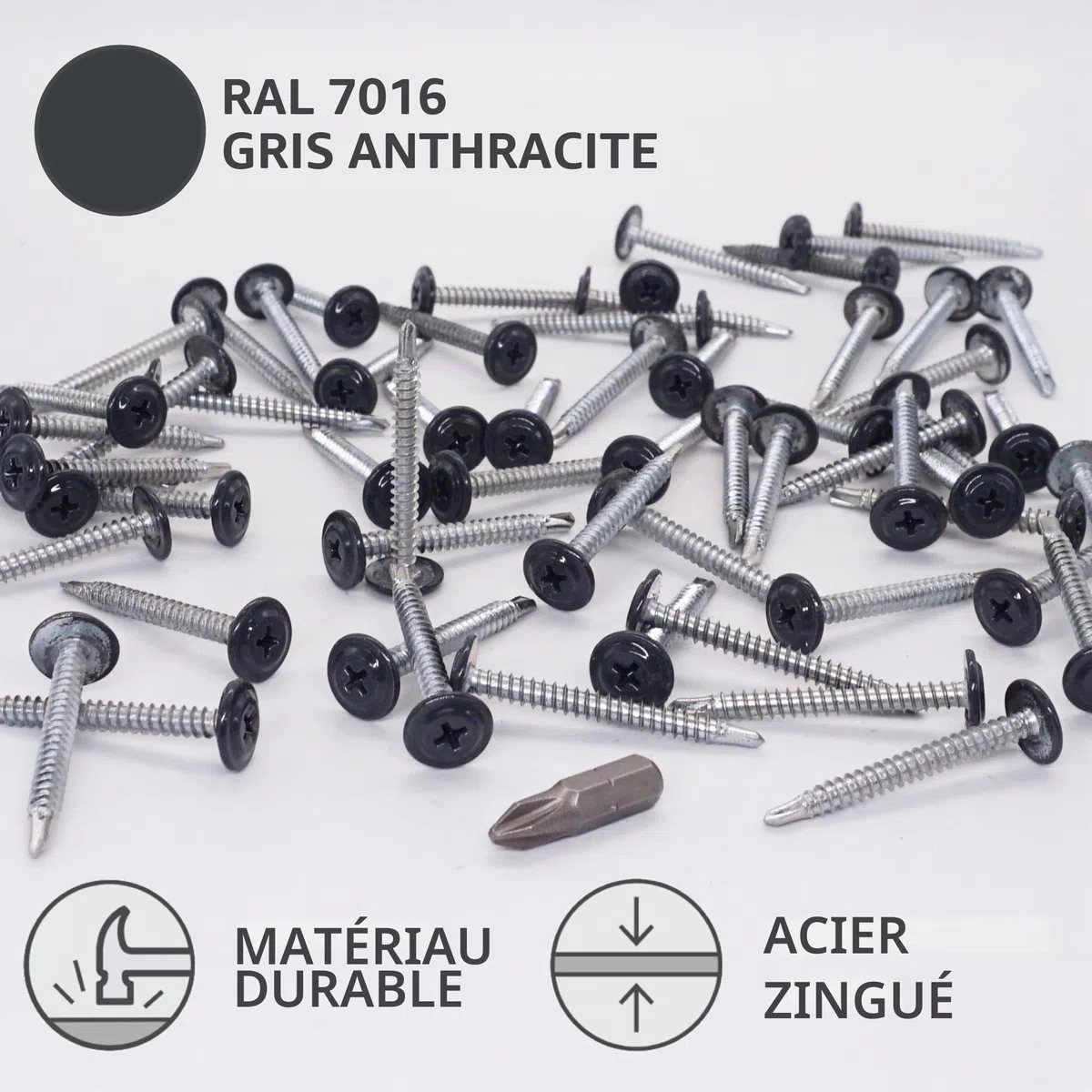 SKIR'CO (150 pièces) Vis Autoperceuses Peintes 4,2 x 40 mm, Vis Tôle, Tête Bombée Modifiée PH (Gris Anthracite RAL 7016)