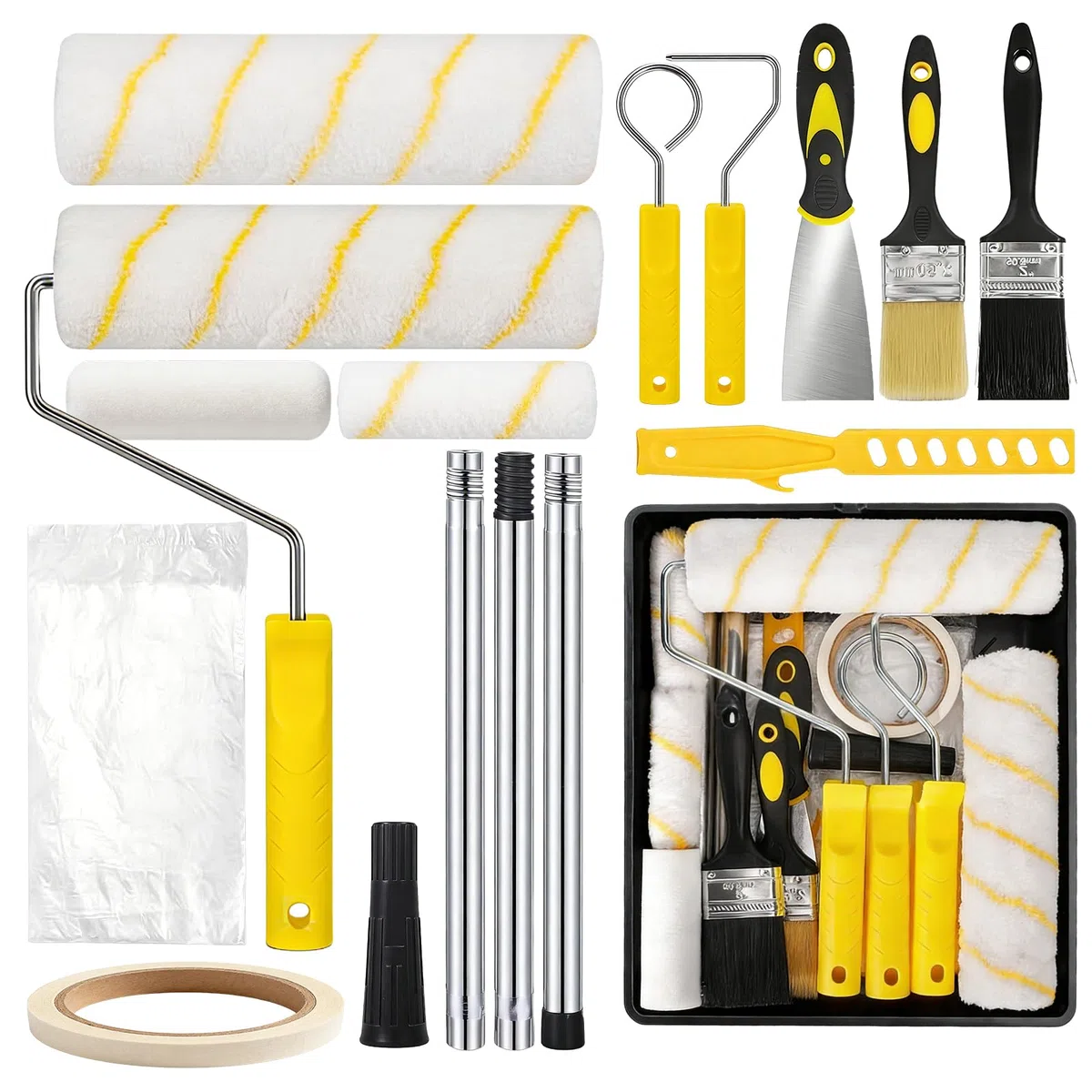 Rouleau Peinture, Rouleau Peinture Mousse Kit De Peinture 20 Pièces Avec Rouleau Long Poil 9", Manche Télescopique, Pinceaux, Bac, Bâche Et Accessoires Pour Murs