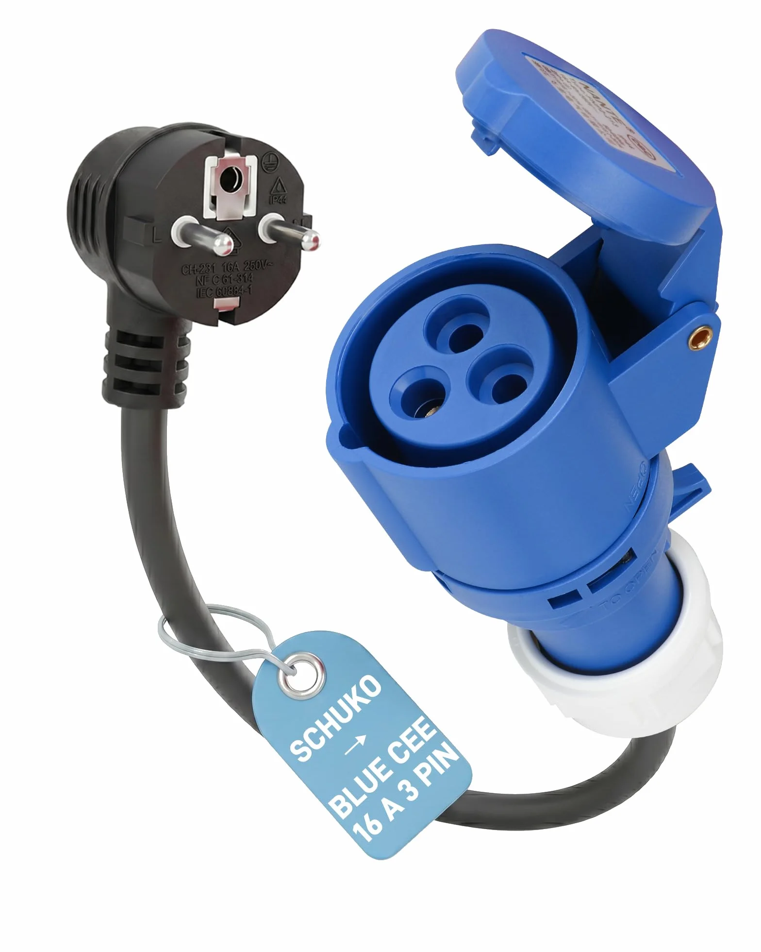 Adaptateur CEE (Fiche Schuko Mâle vers Prise Femelle CEE P17 Bleue 16 A, 3 Pôles) | Câble Adaptateur 3G2,5 mm², 0,5 m / 230 V/Max. 16 A | pour Chargeur VE Réglable, Camping et Caravane