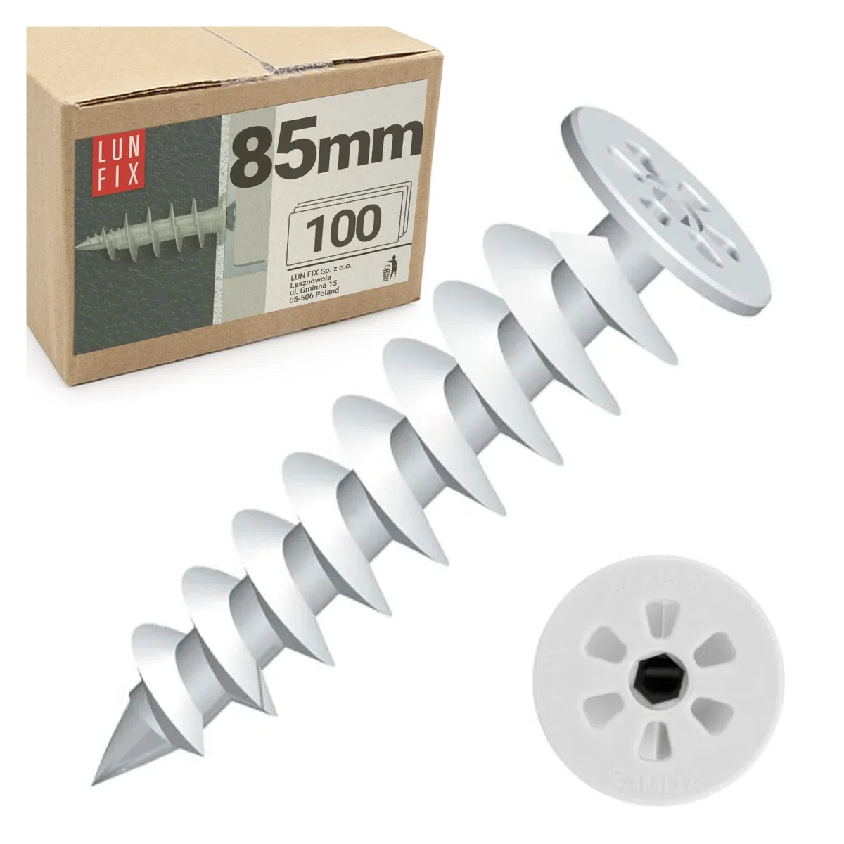 Lot de 100 chevilles d'isolation 85 mm en polyamide, WDVS et polystyrène pour fixation dans l'isolation, plateau Ø 28 mm, pour vis de 4,5 mm, Lun Fix