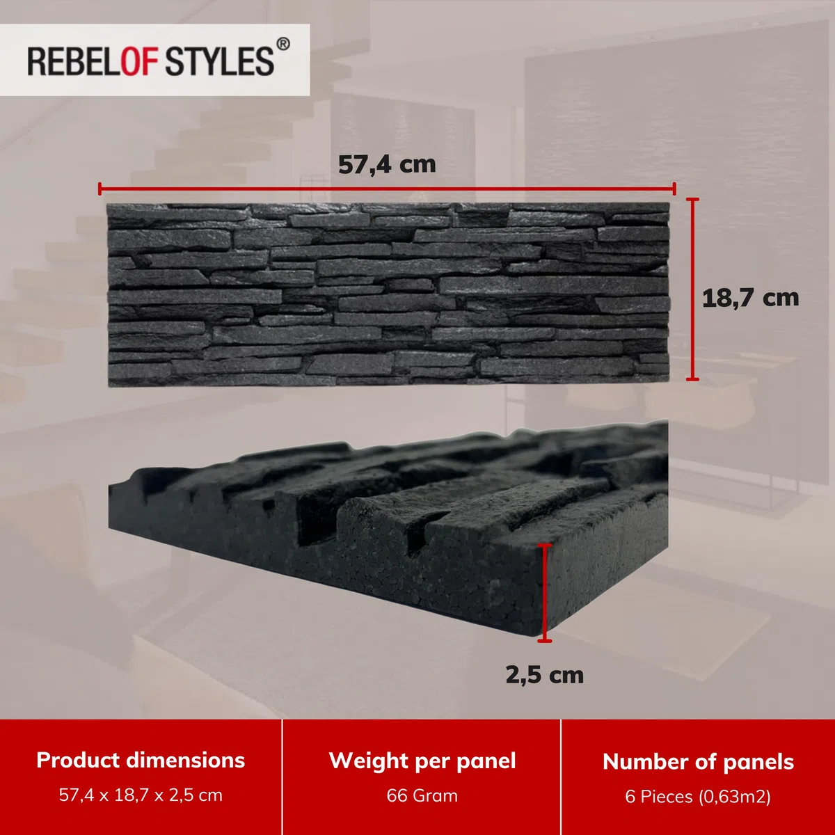 Rebel of Styles - UltraLight Tasso Black - 0,63 m² / 6 pièces - Panneaux muraux/revêtements/plaques en EPS aspect pierre naturelle - Décoration murale en mousse avec isolation
