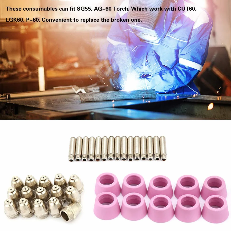 AG60 SG55 Lot de 40 accessoires pour coupe-plasma, buses de découpeur plasma, consommables, buses d'électrode, tasses