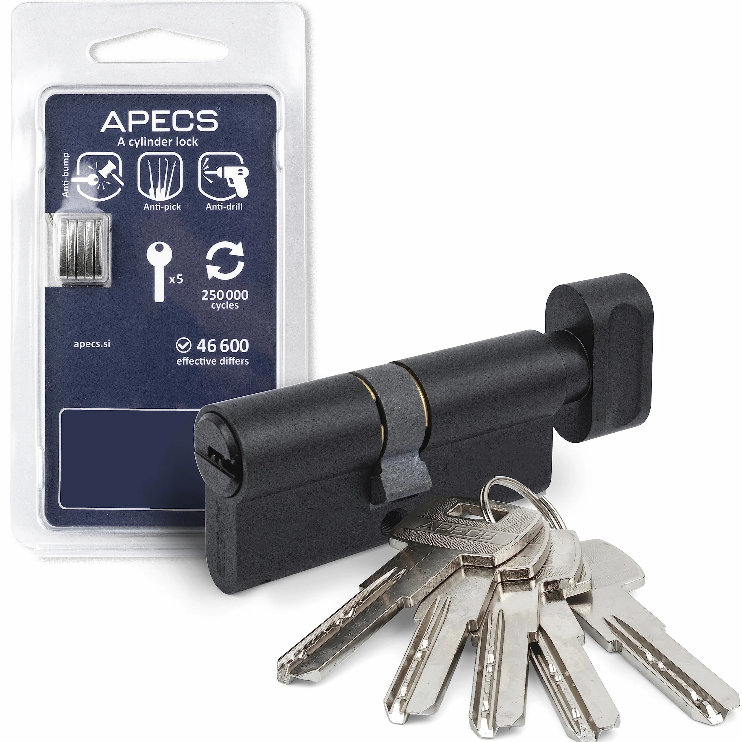 Cylindre de serrure à bouton noir APECS avec bouton - 80 (35/45 C) mm, pour serrure de porte d'entrée, avec 5 clés, modèle SM-80(35/45C)-C-BLM