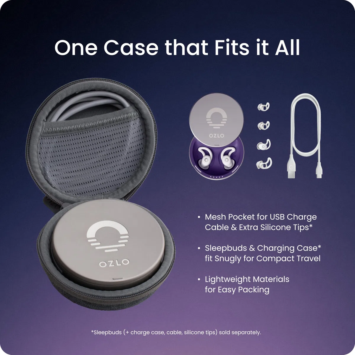Ozlo Sleepbuds Étui de voyage | Étui rigide pour écouteurs de sommeil | Tissu tissé avec fermeture éclair | Poche en maille pour ranger le câble de charge | Gris