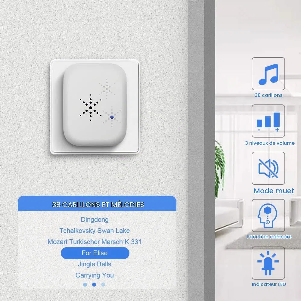Sonnette sans Fil, PDGROW Sonnette Auto Alimentée sans Batterie Requise Carillon de Porte sans Fil, Bouton Poussoir étanche à 150m de Portée avec 38 Carillons, Volume à 4 Niveaux et LED - Blanc