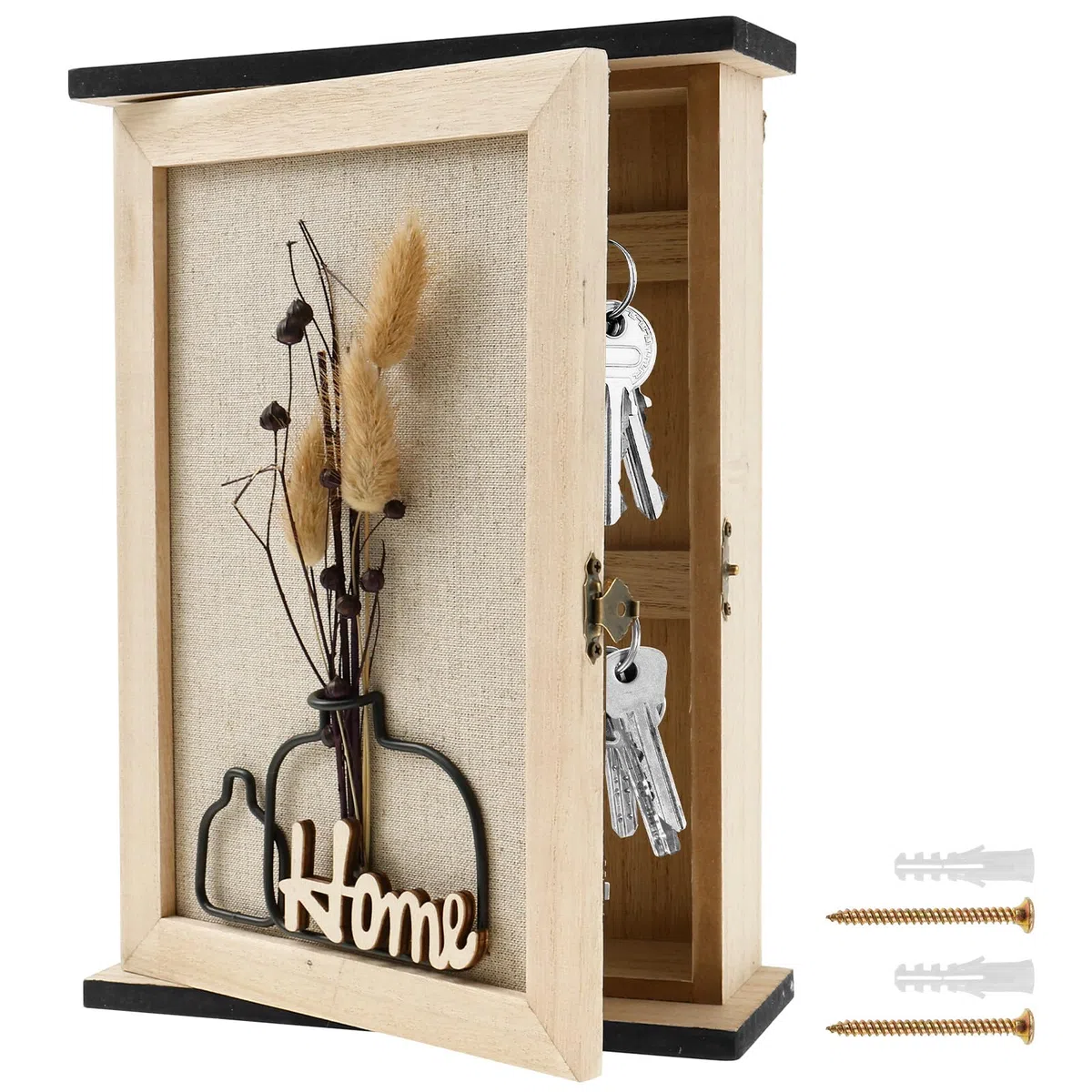Boîte à clés en bois Toaboa avec 6 crochets à clés, fleurs séchées, rangement mural pour clés, support mural vintage pour entrées, salons, salles de bains et couloirs