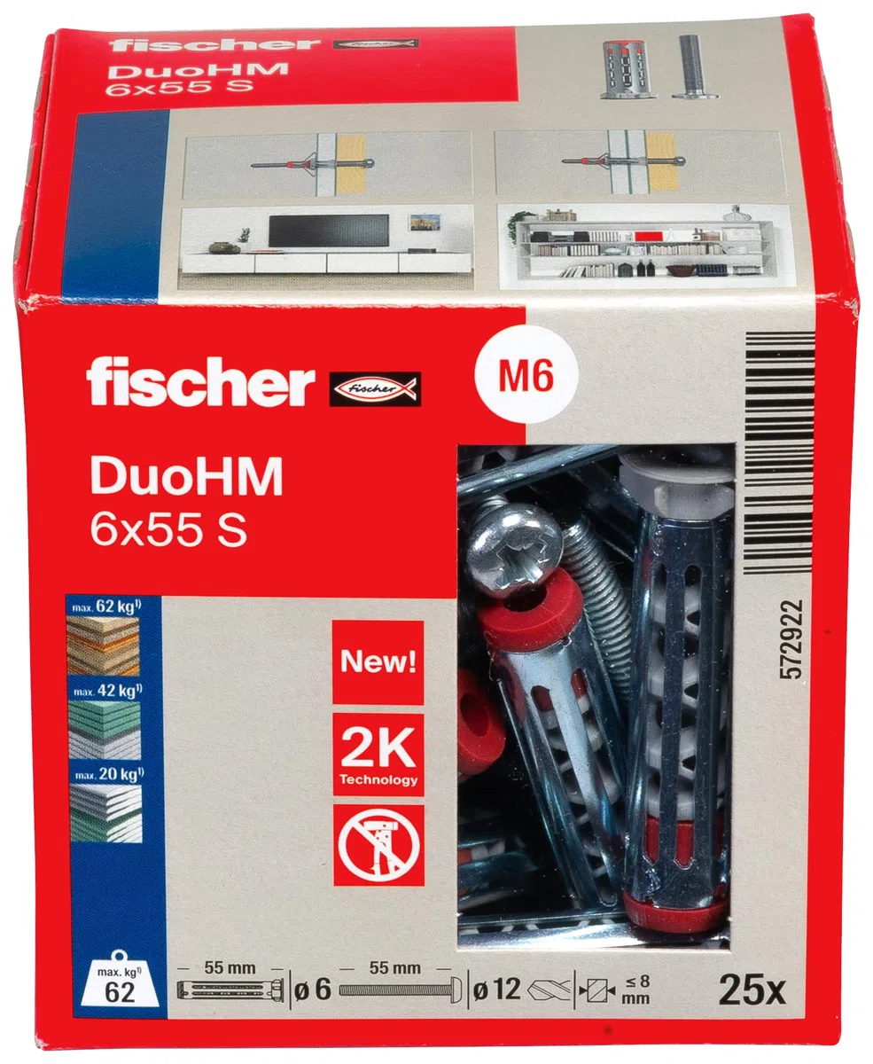 fischer - Cheville Bi-Matière DuoHM 6 x 55 pour Corps Creux, avec Vis à Tête Cylindrique, Empreinte PZ, Boite de 25