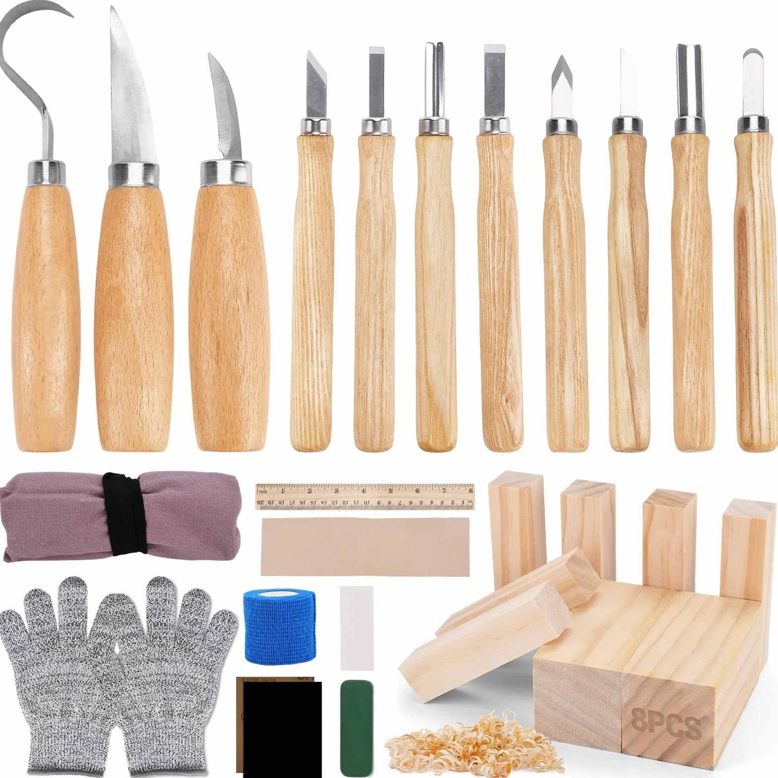 Kit Sculpture Bois 28 en 1, Outils de Sculpture avec Couteaux de Sculpture, Ciseaux à Bois, Gants Résistants aux Coupures, Sac de Transport, Outils de Sculpture pour Adultes, Enfants, Débutants