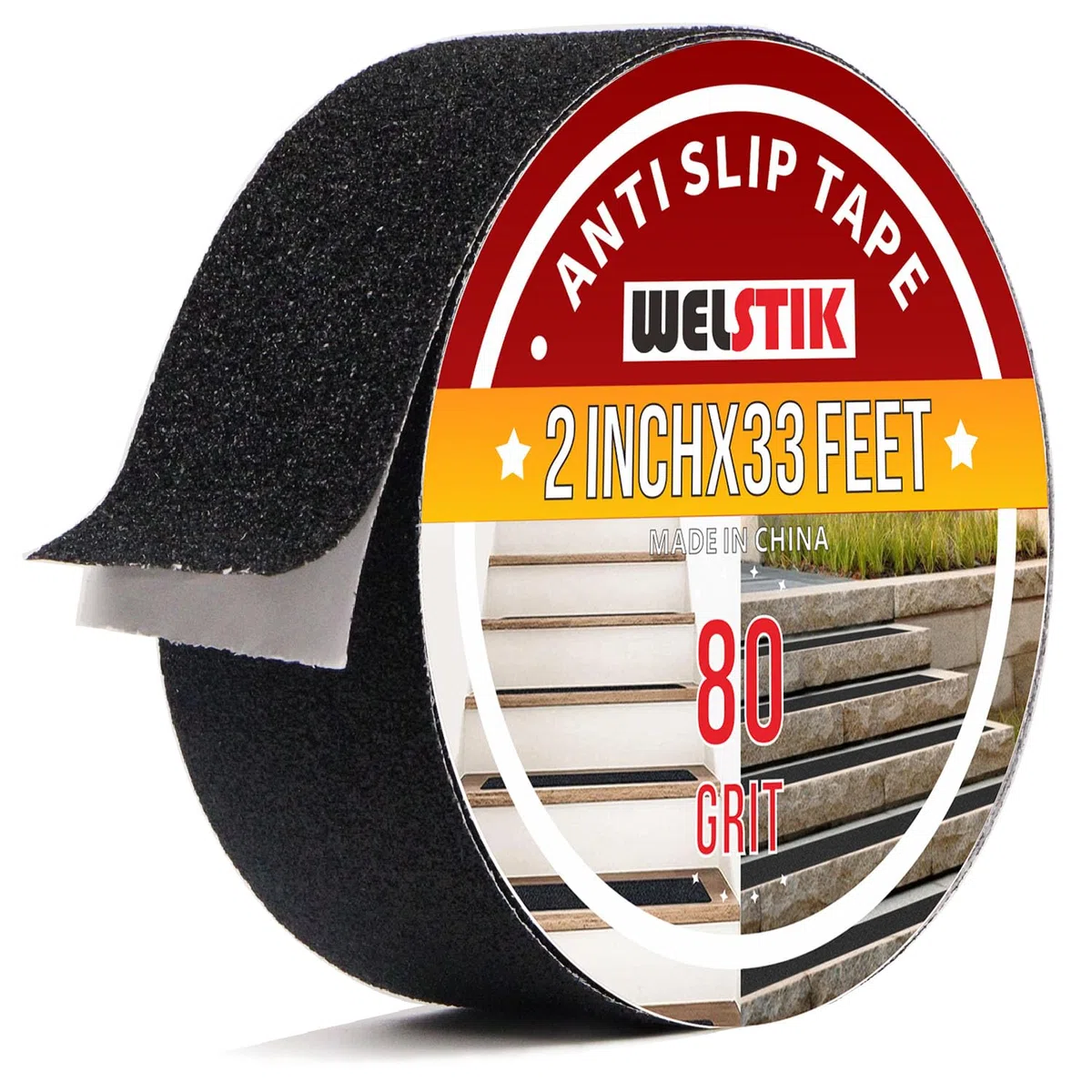 WELSTIK Ruban antidérapant robuste pour marches d'escalier, intérieur et extérieur, noir, 50 mm x 10 m