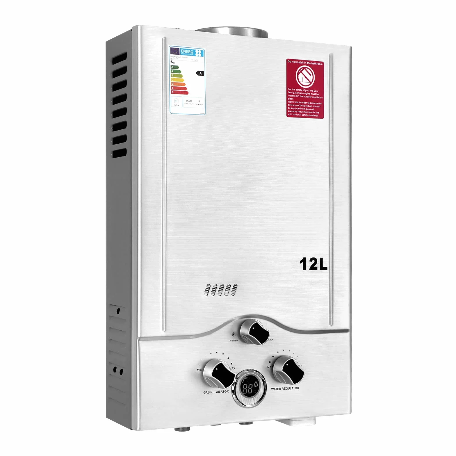 Chauffe-eau à Gaz 12LPM, Chauffe-eau Instantané Butane Propane avec une Pression d'Eau Requise Super Faible de 0,2 Bar pour Maison, Cabine, Caravane, Grange, Fonctionnant au GPL