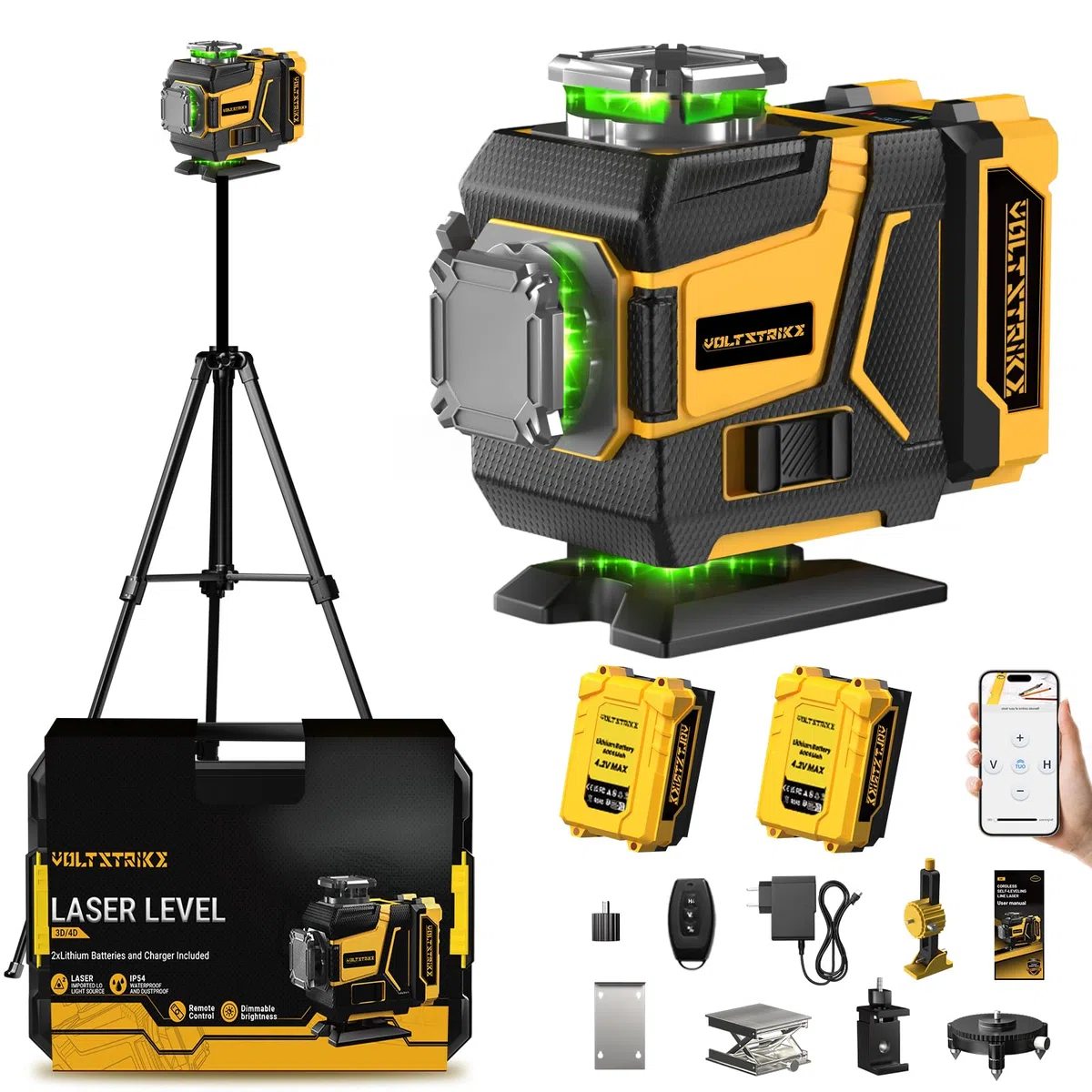 Niveau Laser 360 Autonivelant, 16 Lignes Lazer Niveaux Vert 4D, Laser Chantier avec trepied, 2 Batteries 4800mAh et Télécommande, IP54, pour Rénovation de Maison, Intérieur et Travaux Extérieurs