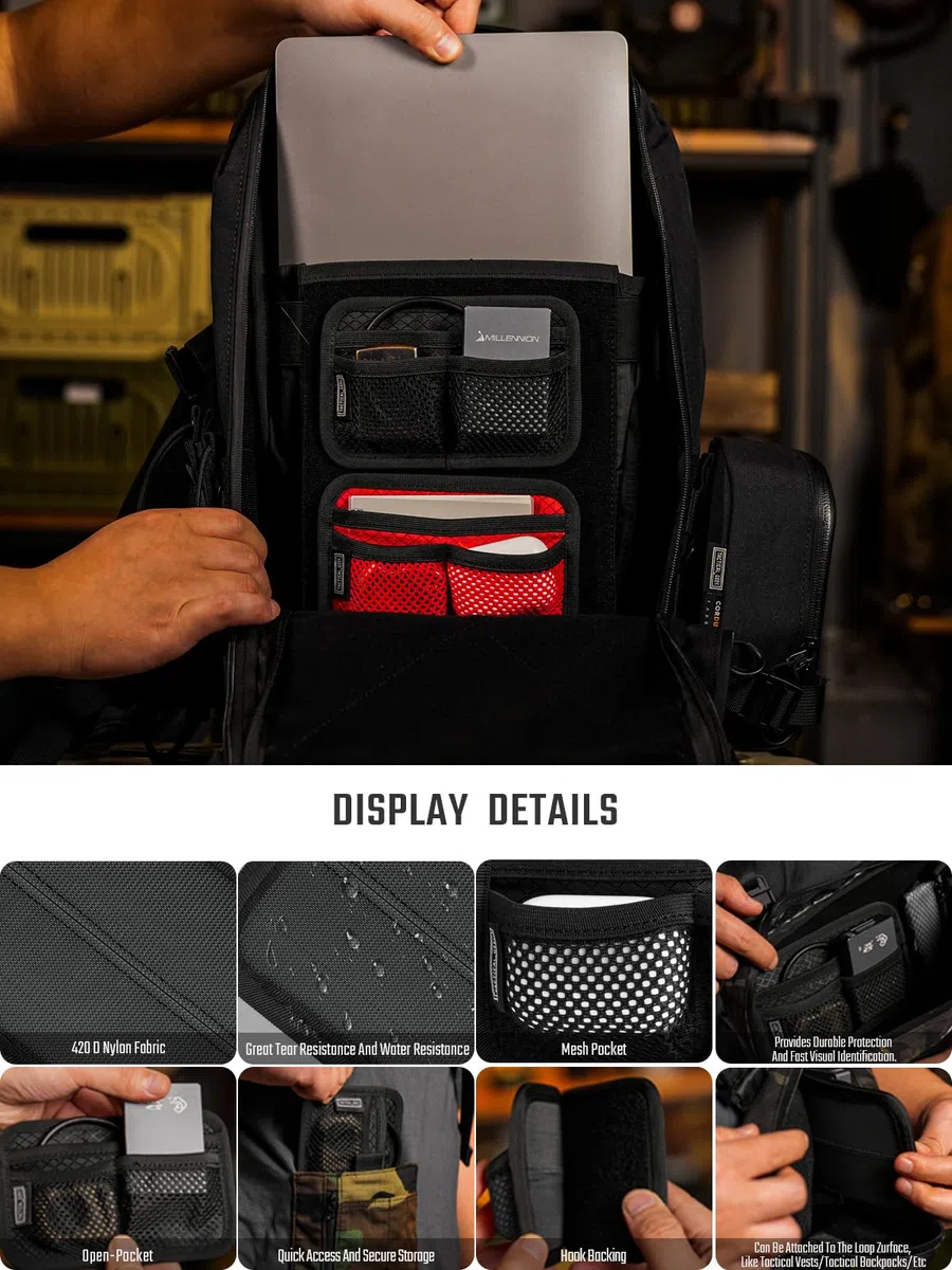 TACTICAL GEEK TCM3 Mini Tableau Organisateur EDC, Accessoires De Sac À Dos avec Poche Ouverte & Poche en Maille, Panneau D'insertion avec Crochet Et Boucle Modulaires pour Transport Quotidien, Noir