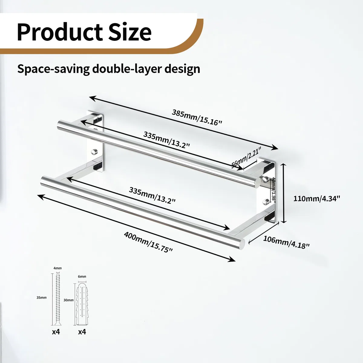 Mooche Porte Serviette Salle de Bain, Longueur 40 CM, Barres Porte-Serviettes Support Mural, en Acier Inoxydable, Porte Serviette de Bain Antirouille et Durable, Chrome