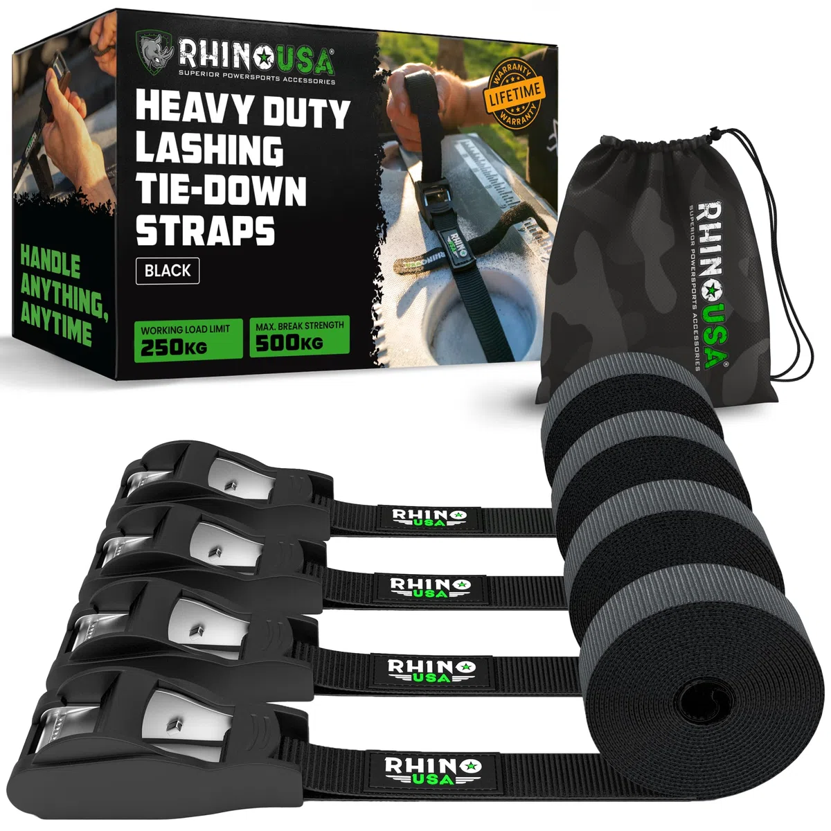 Rhino USA Sangles d'Arrimage (4) - Résistance Maximale à la Rupture de 500kg, Comprend (4) Sangles de Traction de 2.5cm x 3.6m, Sangles de Fixation pour Chargement, Kayak, Porte-Bagages de Toit
