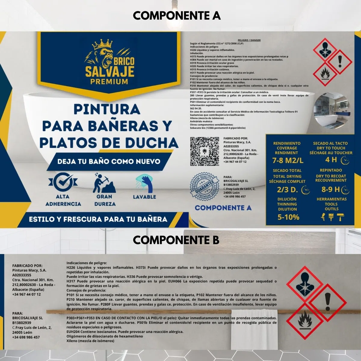 Peinture pour baignoires et receveurs de douche en polyuréthane | 750 ml (600+150 ml) | Finition céramique satinée | Deux composants | Imperméable et résistante (Pierre sereine)
