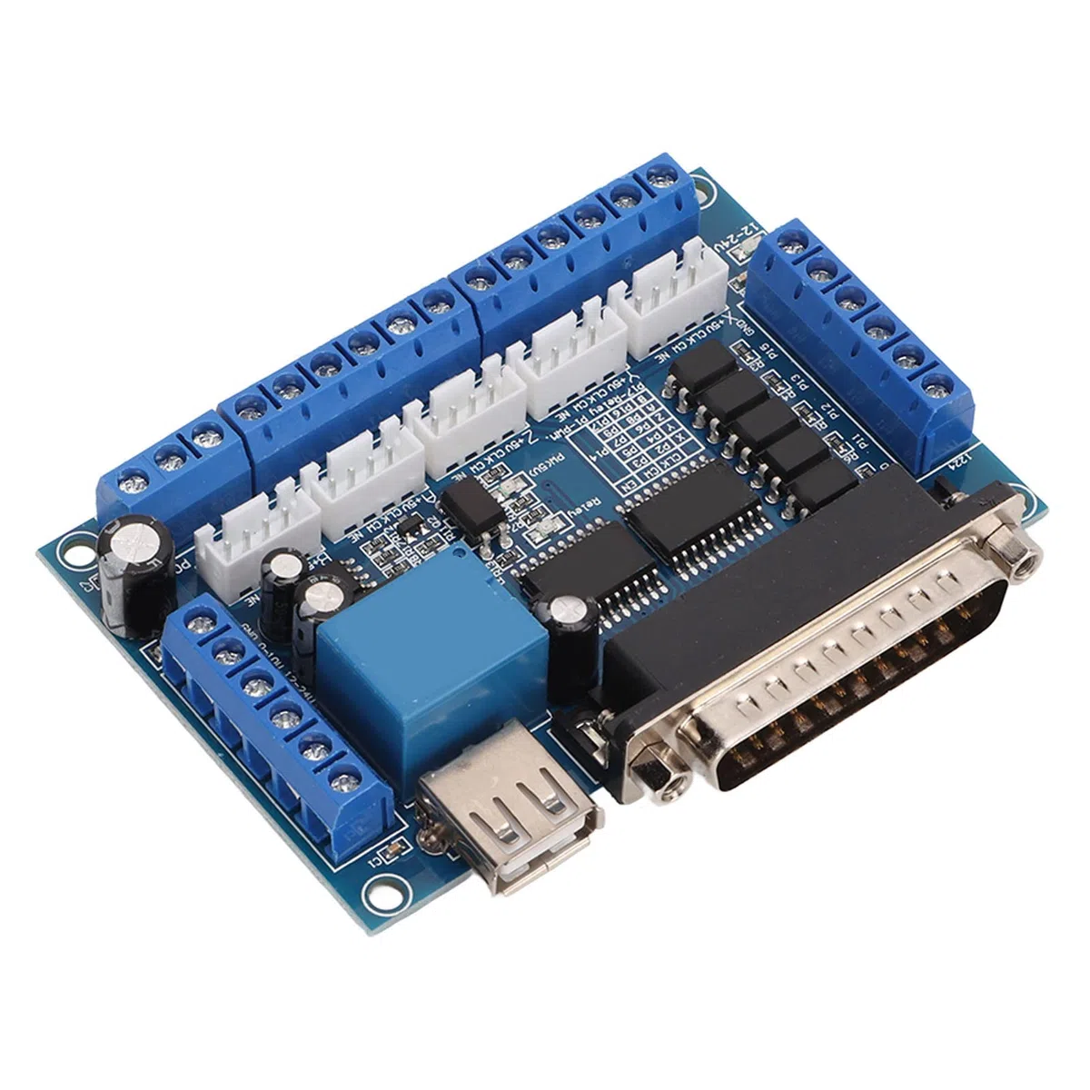 DC 12-24V CNC Breakout Board 5 Axes Mach3 Carte d'interface avec carte d'isolement optocoupleur, câble de port USB DB25 Câble pour pilote de moteur pas à pas MACH3(Bleu)