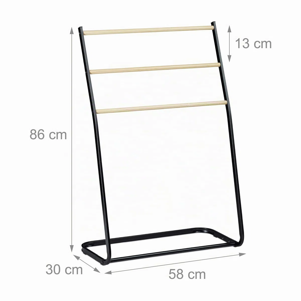 Relaxdays, noir Porte pieds, échelle, escalier 3 barres, métal bois support serviette bain, 86x58x30 cm, fer, 1 élément