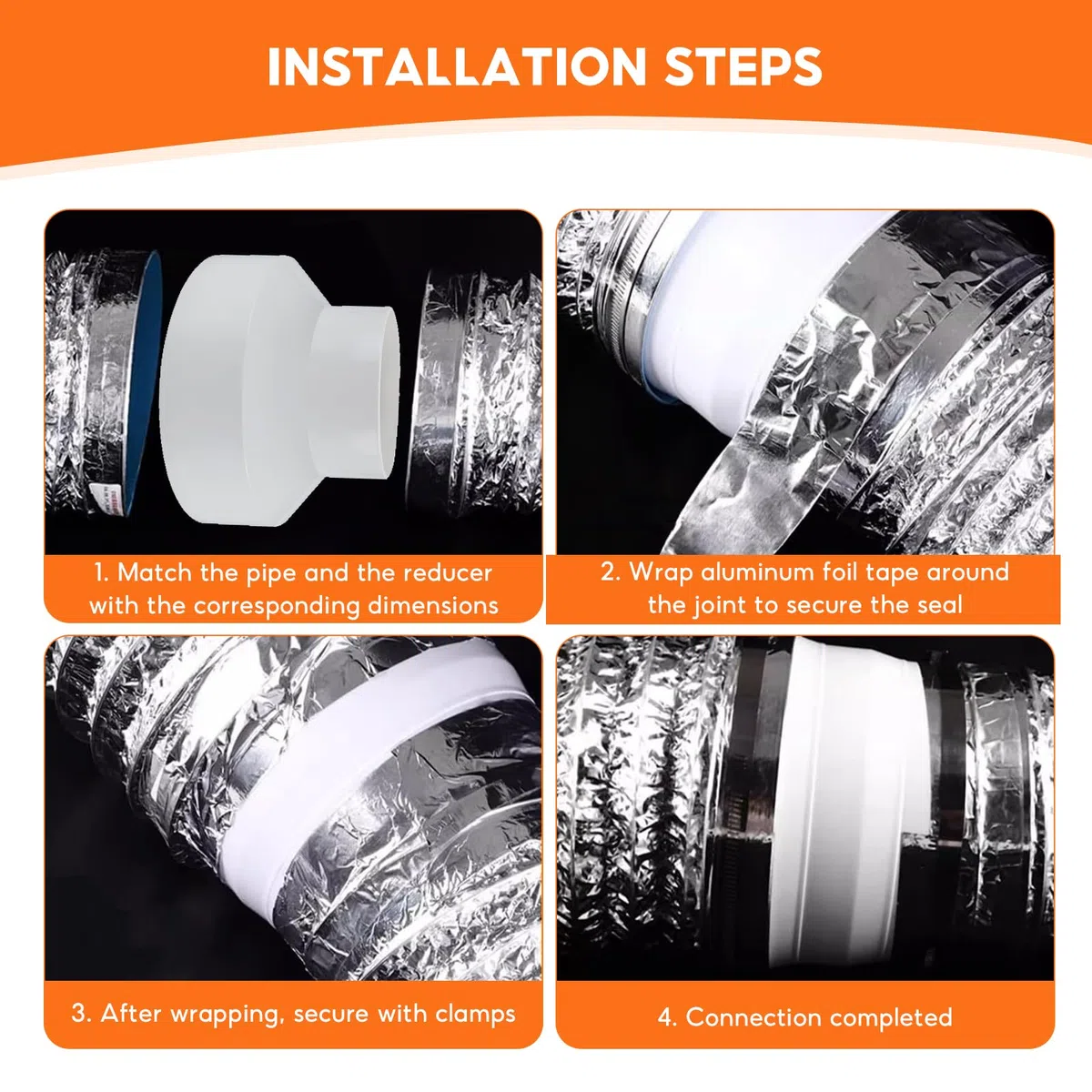 Réducteur de conduit de 150 mm à 100 mm, coupleur de réduction de conduit rond avec colliers de serrage en acier inoxydable (91-114 mm, 141-165 mm) pour ventilateurs d'extracteur, hotte aspirante