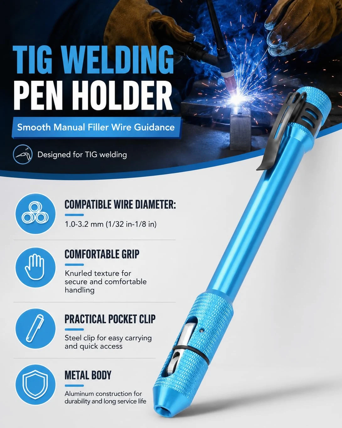 Stylo de Soudage TIG, Stylos d'alimentation de Fil, Chargeur de Fils de Tige de Doigt, Support de de Soudage pour Fil de Soudure 1,0-3,2 mm, avec Clip de Poche