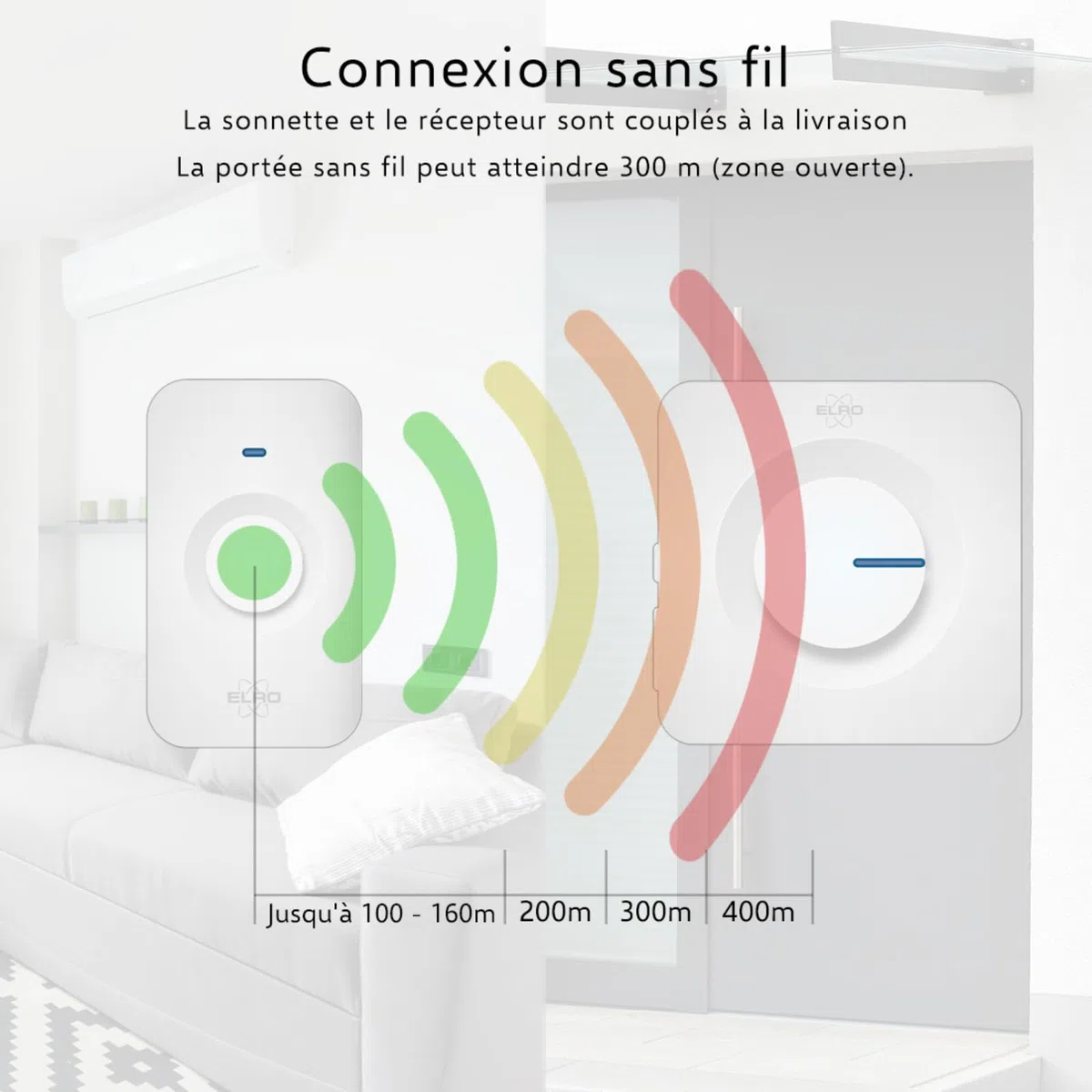 ELRO DB3000 Sonnette de Porte sans Fil - avec 2X récepteur à Piles - 64 Mélodies - Distance sans Fil : 300m - Blanc