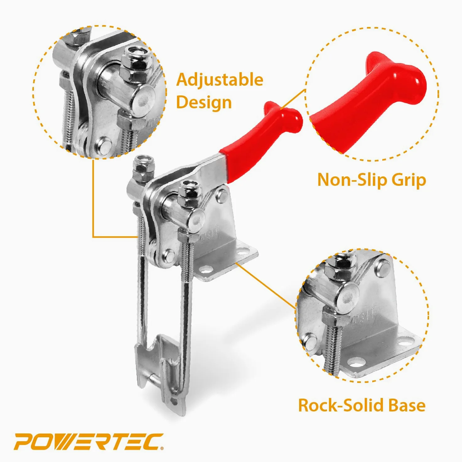 POWERTEC 1 pince à bascule, capacité de maintien de 898 kg, loquet à boulon en U vertical réglable à 90 degrés avec poignée antidérapante pour gabarits et fixations de travail du bois, fumoir,